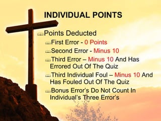 Points Deducted First Error -  0 Points Second Error -  Minus 10 Third Error –  Minus 10  And Has Errored Out Of The Quiz Third Individual Foul –  Minus 10  And Has Fouled Out Of The Quiz Bonus Error’s Do Not Count In Individual’s Three Error’s INDIVIDUAL POINTS 