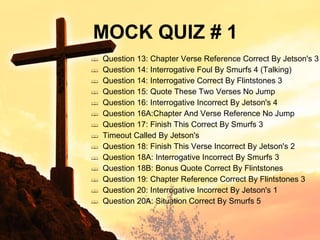 Question 13: Chapter Verse Reference Correct By Jetson's 3 Question 14: Interrogative Foul By Smurfs 4 (Talking) Question 14: Interrogative Correct By Flintstones 3 Question 15: Quote These Two Verses No Jump Question 16: Interrogative Incorrect By Jetson's 4 Question 16A:Chapter And Verse Reference No Jump Question 17: Finish This Correct By Smurfs 3 Timeout Called By Jetson's Question 18: Finish This Verse Incorrect By Jetson's 2 Question 18A: Interrogative Incorrect By Smurfs 3 Question 18B: Bonus Quote Correct By Flintstones Question 19: Chapter Reference Correct By Flintstones 3 Question 20: Interrogative Incorrect By Jetson's 1 Question 20A: Situation Correct By Smurfs 5 MOCK QUIZ # 1 