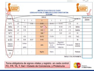 Toma obligatoria de signos vitales y registro en cada control
FC, FR, TA, T, Sat + Estado de Conciencia, y Proteinuria
 