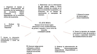 Manejo de las hemorragias
obstétricas en los establecimientos
de primer, segundo y tercer nivel de
atención
COORDINADOR
7. Brindar la información
requerida para los familiares o
acompañantes a través del
circulante.
1. Organizar el equipo y
verificar continuamente las
funciones de los asistentes y
del circulante. Definir
conductas a seguir,
dependiendo de la evolución
clínica de la paciente.
2. Determinar con la información
de los signos vitales y Score
MAMÁ, el grado de choque en el
que se encuentra la paciente y su
evolución, en el tiempo de
reanimación y reemplazo de
volumen. 3. Buscar la causa
de hemorragia e
iniciar tratamiento
4. Tomar la decisión de traslado
o de asumir el caso de acuerdo a
la causa y capacidad resolutiva
del establecimiento de salud
5. Ordenar la administración de
fluidos, hemocomponentes
(dependiendo disponibilidad) y
medicamentos.
6. Evacuar vejiga previa
antisepsia y colocar
catéter urinario para
medición de excreta
urinaria
8. Evaluar los
parámetros de
respuesta
CLAVE ROJA
 