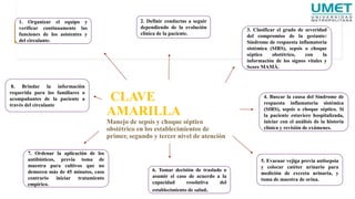 CLAVE
AMARILLA
Manejo de sepsis y choque séptico
obstétrico en los establecimientos de
primer, segundo y tercer nivel de atención
1. Organizar el equipo y
verificar continuamente las
funciones de los asistentes y
del circulante.
8. Brindar la información
requerida para los familiares o
acompañantes de la paciente a
través del circulante
7. Ordenar la aplicación de los
antibióticos, previa toma de
muestra para cultivos que no
demoren más de 45 minutos, caso
contrario iniciar tratamiento
empírico.
3. Clasificar el grado de severidad
del compromiso de la gestante:
Síndrome de respuesta inflamatoria
sistémica (SIRS), sepsis o choque
séptico obstétrico, con la
información de los signos vitales y
Score MAMÁ.
2. Definir conductas a seguir
dependiendo de la evolución
clínica de la paciente.
5. Evacuar vejiga previa antisepsia
y colocar catéter urinario para
medición de excreta urinaria, y
toma de muestra de orina.
4. Buscar la causa del Síndrome de
respuesta inflamatoria sistémica
(SIRS), sepsis o choque séptico. Si
la paciente estuviere hospitalizada,
iniciar con el análisis de la historia
clínica y revisión de exámenes.
6. Tomar decisión de traslado o
asumir el caso de acuerdo a la
capacidad resolutiva del
establecimiento de salud.
 