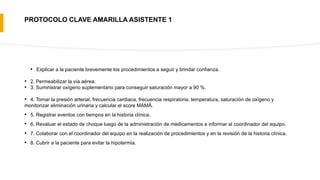 PROTOCOLO CLAVE AMARILLA ASISTENTE 1
• Explicar a la paciente brevemente los procedimientos a seguir y brindar confianza.
• 2. Permeabilizar la vía aérea.
• 3. Suministrar oxígeno suplementario para conseguir saturación mayor a 90 %.
• 4. Tomar la presión arterial, frecuencia cardiaca, frecuencia respiratoria, temperatura, saturación de oxígeno y
monitorizar eliminación urinaria y calcular el score MAMÁ.
• 5. Registrar eventos con tiempos en la historia clínica.
• 6. Revaluar el estado de choque luego de la administración de medicamentos e informar al coordinador del equipo.
• 7. Colaborar con el coordinador del equipo en la realización de procedimientos y en la revisión de la historia clínica.
• 8. Cubrir a la paciente para evitar la hipotermia.
 