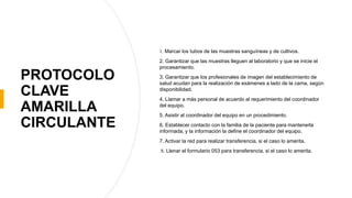 PROTOCOLO
CLAVE
AMARILLA
CIRCULANTE
1. Marcar los tubos de las muestras sanguíneas y de cultivos.
2. Garantizar que las muestras lleguen al laboratorio y que se inicie el
procesamiento.
3. Garantizar que los profesionales de imagen del establecimiento de
salud acudan para la realización de exámenes a lado de la cama, según
disponibilidad.
4. Llamar a más personal de acuerdo al requerimiento del coordinador
del equipo.
5. Asistir al coordinador del equipo en un procedimiento.
6. Establecer contacto con la familia de la paciente para mantenerla
informada, y la información la define el coordinador del equipo.
7. Activar la red para realizar transferencia, si el caso lo amerita.
8. Llenar el formulario 053 para transferencia, si el caso lo amerita.
 