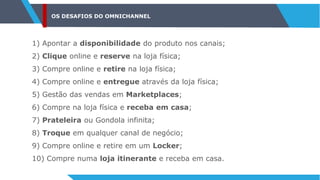 OS DESAFIOS DO OMNICHANNEL
1) Apontar a disponibilidade do produto nos canais;
2) Clique online e reserve na loja física;
3) Compre online e retire na loja física;
4) Compre online e entregue através da loja física;
5) Gestão das vendas em Marketplaces;
6) Compre na loja física e receba em casa;
7) Prateleira ou Gondola infinita;
8) Troque em qualquer canal de negócio;
9) Compre online e retire em um Locker;
10) Compre numa loja itinerante e receba em casa.
 