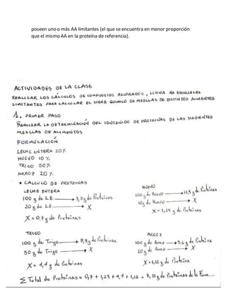poseen uno o más AA limitantes (el que se encuentra en menor proporción
que el mismo AA en la proteína de referencia).
 