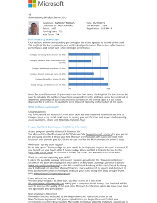 0%
411
Administering Windows Server 2012
Candidate: ANTHONY MORAIS Date: 05/26/2015
Candidate ID: MS0430488402 Site Number: 72876
Result: PASS Registration: 283449619
Passing Score: 700
Your Score: 754
Performance by exam section
Each section, and its corresponding percentage of the exam, appears to the left of the chart.
The length of the bars represents your section-level performance. Shorter bars reflect weaker
performance, and longer bars reflect stronger performance.
100%
Note: Because the number of questions in each section varies, the length of the bars cannot be
used to calculate the number of questions answered correctly, and bars cannot be combined to
determine percentage of questions answered correctly on the overall exam. If a bar is not
displayed for a skill area, no questions were answered correctly in that section of the exam.
What do these results mean?
Congratulations!
You have passed this Microsoft Certification exam. For more detailed information on how to
interpret your score report, next steps to earning your certification, and answers to frequently
asked questions, please visit: http://aka.ms/score_FAQs
Frequently Asked Questions and Additional Information
Access program benefits at the MCP Member Site
The Microsoft Certified Professional (MCP) Member Site (www.microsoft.com/mcp) is your portal
for accessing benefits. If this is your first Microsoft Certification Exam, expect an email from
Microsoft that provides your MC ID and Access Code for the MCP Member Site within 7 days.
When will I see my exam results?
It can take up to 7 business days for your results to be displayed on your Microsoft transcript. If
you do not see your results after 7 business days, please contact a Regional Service Center
(http://aka.ms/mcphelp) for assistance. Retain this report; you will need it for verification.
Want to continue improving your skills?
Explore the available learning options and resources provided in the “Preparation Options”
section on the Exam Details page for this exam at on Microsoft Learning Experience’s website
(www.microsoft.com/learning) or visit Microsoft Virtual Academy. At Microsoft Virtual Academy,
you’ll find hundreds of online Microsoft training courses delivered by experts and designed to
help you learn the latest technologies and build your skills, along with Study Group Forums
(visit www.microsoftvirtualacademy.com).
Exam satisfaction survey
We want your feedback! In a few days, you may receive an e-mail from
microsoftresearch@surveysite.com asking you to complete a brief survey. Your feedback will be
used to improve the quality of this and other Microsoft Certification exams. We value your input
and appreciate your participation.
Non-Disclosure Agreement
Remember that you are bound by the requirements and restrictions stated in the
Non-Disclosure Agreement that you accepted before you began the exam. Protect your
certification investment by protecting Microsoft’s intellectual property. Violations could result in
Configure and Manage Active Directory (15-20%)
Configure a Network Policy Server Infrastructure
(10-15%)
Configure and Manage Group Policy (15-20%)
Configure Network Services and Access (15-20%)
Configure File and Print Services (15-20%)
Deploy, Manage, and Maintain Servers (15-20%)
Your
Score
57%
Your
Scor
63%
 