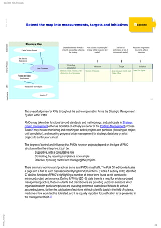24
This overall alignment of KPIs throughout the entire organisation forms the Strategic Management
System within PMO.
PMOs may take other functions beyond standards and methodology, and participate in Strategic
project management either as facilitator or actively as owner of the Portfolio Management process.
Tasks[4] may include monitoring and reporting on active projects and portfolios (following up project
until completion),and reporting progress to top management for strategic decisions on what
projects to continue or cancel.
The degree of control and influence that PMOs have on projects depend on the type of PMO
structure within the enterprise; it can be:
Supportive, with a consultative role
Controlling, by requiring compliance for example
Directive, by taking control and managing the projects
There are many opinions and practices some say PMO's must fulfil, The Polk 5th edition dedicates
a page and a half to such discussion identifying 6 PMO functions. (Hobbs & Aubrey 2010) identified
27 distinct functions of PMO's highlighting a number of these were found to not correlate to
enhanced project performance. Darling & Whitty (2016) state there is a need for evidence-based
management practice, that consultants and practitioners are providing unproven solutions which
organisations both public and private are investing enormous quantities of finance to without
assured outcome, further the publication of opinions without scientific basis in the field of science,
medicine or law would not be tolerated, and it is equally important for justification to be presented in
the management field.[1]
SCORE YOUR GOALQuickTakes
 