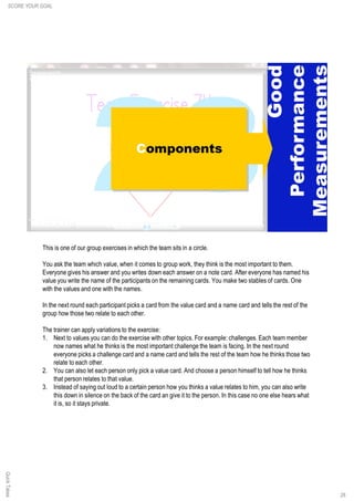 This is one of our group exercises in which the team sits in a circle.
You ask the team which value, when it comes to group work, they think is the most important to them.
Everyone gives his answer and you writes down each answer on a note card. After everyone has named his
value you write the name of the participants on the remaining cards. You make two stables of cards. One
with the values and one with the names.
In the next round each participant picks a card from the value card and a name card and tells the rest of the
group how those two relate to each other.
The trainer can apply variations to the exercise:
1. Next to values you can do the exercise with other topics. For example: challenges. Each team member
now names what he thinks is the most important challenge the team is facing. In the next round
everyone picks a challenge card and a name card and tells the rest of the team how he thinks those two
relate to each other.
2. You can also let each person only pick a value card. And choose a person himself to tell how he thinks
that person relates to that value.
3. Instead of saying out loud to a certain person how you thinks a value relates to him, you can also write
this down in silence on the back of the card an give it to the person. In this case no one else hears what
it is, so it stays private.
28
QuickTakesSCORE YOUR GOAL
 
