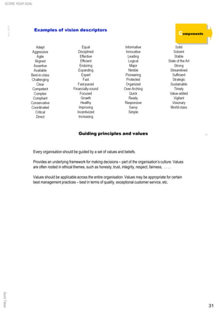 31
Every organisation should be guided by a set of values and beliefs.
Provides an underlying framework for making decisions – part of the organisation’s culture. Values
are often rooted in ethical themes, such as honesty, trust, integrity, respect, fairness, . . . .
Values should be applicable across the entire organisation. Values may be appropriate for certain
best management practices – best in terms of quality, exceptional customer service, etc.
SCORE YOUR GOALQuickTakes
 
