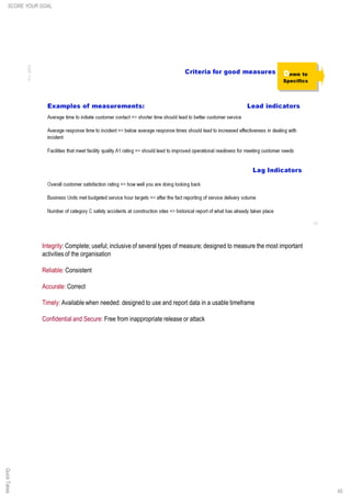 Integrity: Complete; useful; inclusive of several types of measure; designed to measure the most important
activities of the organisation
Reliable: Consistent
Accurate: Correct
Timely: Available when needed: designed to use and report data in a usable timeframe
Confidential and Secure: Free from inappropriate release or attack
SCORE YOUR GOALQuickTakes
45
 