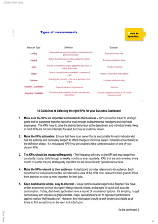 46
10 Guidelines to Selecting the right KPIs for your Business Dashboard
1. Make sure the KPIs are important and related to the business - KPIs should be linked to strategic
goals and be supported from the executive level through to departmental managers and individual
employees. The KPIs have to drive the desired behaviour at the department and individual levels. Keep
in mind KPIs are not only internally focused, but may be customer driven.
2. Make the KPIs actionable - Ensure that there is an owner that is accountable for each indicator who
has the authority and necessary support to effect change or minimise impact. Establish accountability at
the definition phase. It is not a good KPI if you are unable to take corrective action on one of your
chosen KPIs.
3. The KPIs should be measured frequently - The frequency will vary on the KPI and may range from
constantly, hourly, daily through to weekly monthly or even quarterly. KPIs that are only reviewed every
month or quarter may be strategically important but are less critical to operational success.
4. Make the KPIs relevant to their audience - A dashboard provides relevance to its audience. Each
department or individual should be provided with a view of the KPIs most relevant to their goals to focus
their attention on what is most important for their jobs.
5. Keep dashboards simple, easy to interpret - Visual communication experts like Stephen Few have
written extensively on how to properly design reports, charts, and graphs for quick and accurate
consumption. Today, dashboard application have a myriad of visualisation options. It’s tempting, to get
carried away with impressive graphical data, maps, speedometers etc. to represent performance
against metrics “Hollywood style”. However, key information should be self evident and visible at all
times so that exceptions can be seen and acted upon.
(to be continued..)
SCORE YOUR GOALQuickTakes
 
