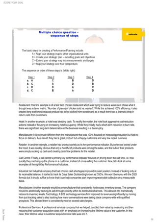 59
Restaurant:The first example is of a fast food chicken restaurantwhich was trying to reduce waste so it chose what it
thought was a clever metric. “Number of pieces of chicken sold vs. wasted”. While this achieved 100% efficiency,it also
created long wait times because product had to be cooked from scratch and as a result there was a dramatic drop in
return visits from customers.
Hotel: In another example, a hotel was bleedingcash. To rectify the matter, the hotel took aggressive cost reduction
actions instead of focusing on increasing hotel occupancy.While they initially had a short-term reductionin burn rate,
there was significant long-term deteriorationin the business resulting in a bankruptcy.
Manufacturer:It is not much different from the manufacturerthat was 100% focused on increasing productionbut had no
focus on delivery. As a result, they had a great product but unhappycustomers and very low repeat business.
Retailer: In another example, a retailer had product variety as its key performanceindicator. But when we looked under
the hood, it was quickly obvious that only a handful of productswere driving the sales, and the bulk of their products
were simply sucking up cash and creating cash flow problems for the retailer.
Call Centre: Finally, a call centre's primary key performanceindicator focused on driving down the call time, i.e. how
quickly they can hang up the phone on a customer, instead of cross-selling the customer.Now, let’s look at some
examples of the right Key PerformanceIndicators.
Industrial: An Industrial company that had chronic cash shortagesimproved its cash position. Instead of looking only at
its receivablebalance, it started to track its Days Sales Outstandingknown as DSO’s. We won’t bore you with the DSO
formula but it should suffice to know that it can help companies start improving receivable collection on a measurable
basis.
Manufacturer:Another example would be a manufacturerthat consistently had excess inventory issues. The company
moved to additionally tracking its sell-through velocity within its distributionchannels. This allowed it to dramatically
reduce its inventorylevels. Technology:A B2B technologyservices firm improved its revenuessignificantly by moving
from just tracking sales to also tracking how many conversationswere taking place company-widewith qualified
prospects.This allowedthem to consistently meet or exceedsales targets.
ProfessionalServices: A professionalservices company that we helped, doubled their value by measuring and then
reducing their customer acquisition costs with an emphasis on increasingthe lifetime value of the customer. In this
case, their lifetime value to customer acquisitioncost ratio was 4 to 1.
SCORE YOUR GOALQuickTakes
 