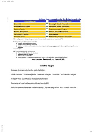 65
Some final thoughts
Integrate all components from the top to the bottom:
Vision > Mission > Goals > Objectives > Measures > Targets > Initiatives > Action Plans > Budgets.
Get Early Wins (Quick Kills) to create some momentum
Seek external expertise (where possible and permissible)
Articulate your requirements to senior leadership if they are really serious about strategic execution
SCORE YOUR GOALQuickTakes
 