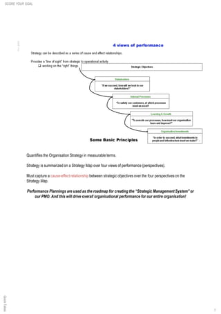 7
Quantifies the Organisation Strategy in measurable terms.
Strategy is summarized on a Strategy Map over four views of performance (perspectives).
Must capture a cause-effectrelationship between strategic objectives over the four perspectives on the
Strategy Map.
Performance Plannings are used as the roadmap for creating the “Strategic Management System” or
our PMO. And this will drive overall organisational performance for our entire organisation!
SCORE YOUR GOALQuickTakes
 