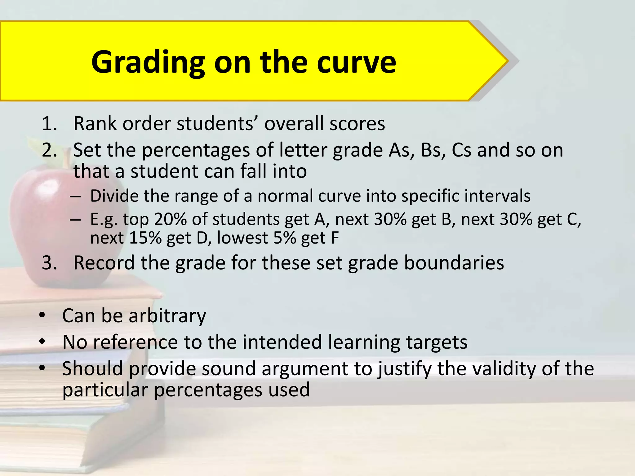 1. Rank order students’ overall scores
2. Set the percentages of letter grade As, Bs, Cs and so on
that a student can fall into
– Divide the range of a normal curve into specific intervals
– E.g. top 20% of students get A, next 30% get B, next 30% get C,
next 15% get D, lowest 5% get F
3. Record the grade for these set grade boundaries
• Can be arbitrary
• No reference to the intended learning targets
• Should provide sound argument to justify the validity of the
particular percentages used
Grading on the curve
 