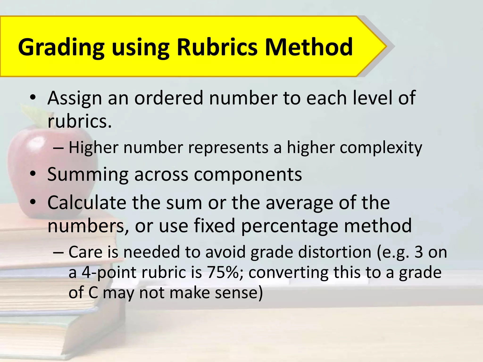 • Assign an ordered number to each level of
rubrics.
– Higher number represents a higher complexity
• Summing across components
• Calculate the sum or the average of the
numbers, or use fixed percentage method
– Care is needed to avoid grade distortion (e.g. 3 on
a 4-point rubric is 75%; converting this to a grade
of C may not make sense)
Grading using Rubrics Method
 