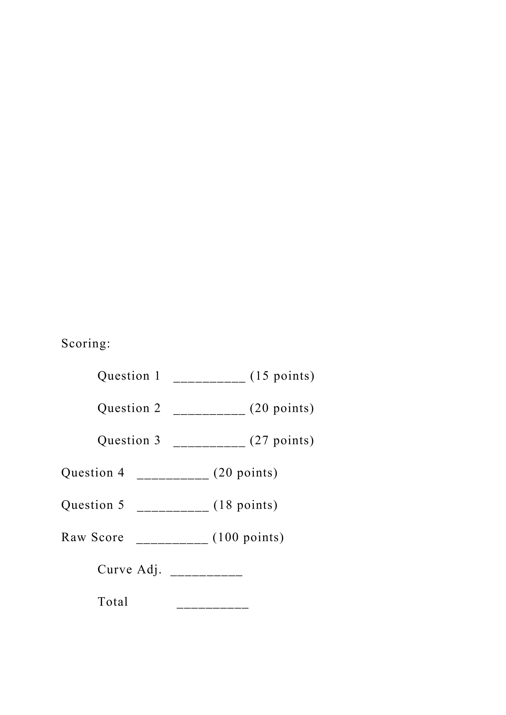 Scoring:
Question 1 __________ (15 points)
Question 2 __________ (20 points)
Question 3 __________ (27 points)
Question 4 __________ (20 points)
Question 5 __________ (18 points)
Raw Score __________ (100 points)
Curve Adj. __________
Total __________
 