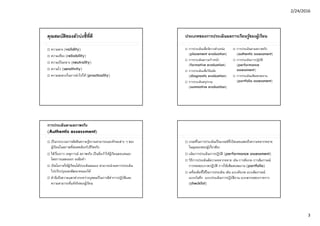 2/24/2016
3
คุณสมบัติของตัวบ่งชี้ที่ดี
 ความตรง (validity)
 ความเที่ยง (reliability)
 ความเป็นกลาง (neutrality)
 ความไว (sensitivity)
 ความสะดวกในการนําไปใช้ (practicality)
ประเภทของการประเมินผลการเรียนรู้ของผู้เรียน
 การประเมินเพื่อจัดวางตําแหน่ง
(placement evaluation)
 การประเมินความก้าวหน้า
(formative evaluation)
 การประเมินเพื่อวินิจฉัย
(diagnostic evaluation)
 การประเมินสรุปรวม
(summative evaluation)
 การประเมินตามสภาพจริง
(authentic assessment)
 การประเมินการปฏิบัติ
(performance
assessment)
 การประเมินแฟ้ มสะสมงาน
(portfolio assessment)
การประเมินตามสภาพจริง
(Authentic assessment)
 เป็นกระบวนการตัดสินความรู้ความสามารถและทักษะต่าง ๆ ของ
ผู้เรียนในสภาพที่สอดคล้องกับชีวิตจริง
 ใช้เรื่องราว เหตุการณ์ สภาพจริง เป็นสิ่งเร้าให้ผู้เรียนตอบสนอง
โดยการแสดงออก ลงมือทํา
 เปิดโอกาสให้ผู้เรียนได้ประเมินตนเอง สามารถนําผลการประเมิน
ไปปรับปรุงและพัฒนาตนเองได้
 คํานึงถึงความแตกต่างระหว่างบุคคลเป็นการตีค่าการปฏิบัติและ
ความสามารถที่แท้จริงของผู้เรียน
 เกณฑ์ในการประเมินเป็นเกณฑ์ที่เปิดเผยแสดงถึงความหลากหลาย
ในมุมมองของผู้เกี่ยวข้อง
 เน้นการประเมินการปฏิบัติ (performance assessment)
 วิธีการประเมินมีความหลากหลาย เช่น การสังเกต การสัมภาษณ์
การทดสอบภาคปฏิบัติ การใช้แฟ้ มสะสมงาน (portfolio)
 เครื่องมือที่ใช้ในการประเมิน เช่น แบบสังเกต แบบสัมภาษณ์
แบบบันทึก แบบประเมินการปฏิบัติงาน แบบตรวจสอบรายการ
(checklist)
 