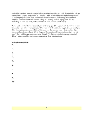 questions with hard outsides that reveal our softest vulnerabilities. How do you feel at the end
of each day? Do you see yourself as a success? What is the central driving force in your life?
According to your values chart, where are you stuck and will overcoming those obstacles
improve your outlook? When you are sitting in a rocking chair at eighty years old and
reflecting on your life, will you be content with your life as it stands now?

What are the best and worst times of your life? On pages 10-11, you wrote down the ten most
traumatic events that occurred in your life. Now write down the ten happiest moments of your
life. In no circumstance should these lists have any duplication. And reflect on how these
moments have impacted your life in the past. How are these life events impacting your life
now? How will these events shape your future? Are these events limiting your potential?
How? Is there anything you can do to overcome these shortcomings?


Best times of your life
1.

2.

3.

4.

5.

6.

7.

8.

9.

10.




                                               22
 