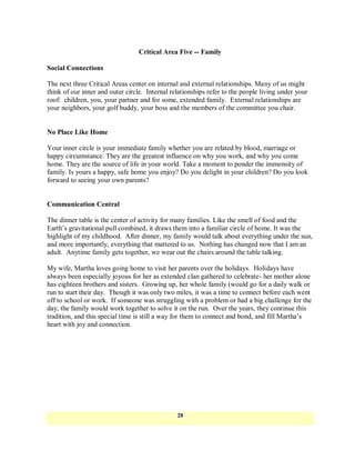 Critical Area Five -- Family

Social Connections

The next three Critical Areas center on internal and external relationships. Many of us might
think of our inner and outer circle. Internal relationships refer to the people living under your
roof: children, you, your partner and for some, extended family. External relationships are
your neighbors, your golf buddy, your boss and the members of the committee you chair.


No Place Like Home

Your inner circle is your immediate family whether you are related by blood, marriage or
happy circumstance. They are the greatest influence on why you work, and why you come
home. They are the source of life in your world. Take a moment to ponder the immensity of
family. Is yours a happy, safe home you enjoy? Do you delight in your children? Do you look
forward to seeing your own parents?


Communication Central

The dinner table is the center of activity for many families. Like the smell of food and the
Earth‘s gravitational pull combined, it draws them into a familiar circle of home. It was the
highlight of my childhood. After dinner, my family would talk about everything under the sun,
and more importantly, everything that mattered to us. Nothing has changed now that I am an
adult. Anytime family gets together, we wear out the chairs around the table talking.

My wife, Martha loves going home to visit her parents over the holidays. Holidays have
always been especially joyous for her as extended clan gathered to celebrate- her mother alone
has eighteen brothers and sisters. Growing up, her whole family (would go for a daily walk or
run to start their day. Though it was only two miles, it was a time to connect before each went
off to school or work. If someone was struggling with a problem or had a big challenge for the
day, the family would work together to solve it on the run. Over the years, they continue this
tradition, and this special time is still a way for them to connect and bond, and fill Martha‘s
heart with joy and connection.




                                                28
 