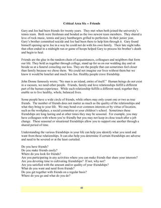 Critical Area Six -- Friends

Gary and Joe had been friends for twenty years. They met when both joined the university‘s
tennis team. Both were freshman and bonded as the two newest team members. They shared a
love of rock music, tennis and juicy hamburgers grilled to perfection. In their junior year,
Gary‘s brother committed suicide and Joe had been there to help him through it. Gary found
himself opening up to Joe in a way he could not do with his own family. Their late night talks
that often ended in a midnight run or game of hoops helped Gary to process his brother‘s death
and begin to heal.

Friends are the glue in the random chain of acquaintances, colleagues and neighbors that form
our life. They hold us together through college, stand up for us on our wedding day and sit
beside us at a funeral consoling our loss. They are the people that can sometimes feel closer
than family because we chose them. We could not imagine our lives without them but we
know it would be lonelier and much less fun. Healthy people crave friendship.

John Donne famously wrote; ―No man is an island, entire of itself.‖ Human beings do not exist
in a vacuum, we need other people. Friends, family and love relationships fulfill a different
part of the human experience. While each relationship fulfills a different need, together they
enable us to live healthy, whole, balanced lives.

Some people have a wide circle of friends, while others may only count one or two as true
friends. The number of friends does not matter as much as the quality of the relationships and
what they bring to your life. We may bond over common interests or by virtue of location,
such as the workplace, a social committee or your children‘s school. Sometimes these
friendships are long lasting and at other times they may be seasonal. For example, you may
have colleagues with whom you‘re friendly but you may not keep in close touch after a job
change. These seasonal or situational friendships allow you to support one another through a
shared period of time.

Understanding the various friendships in your life can help you identify what you need and
want from those relationships. It can also help you determine if certain friendships are adverse
and need to be severed or at the least curtailed.

Do you have friends?
Do you make friends easily?
Where do you look for friends?
Are you participating in any activities where you can make friends that share your interests?
Are you devoting time to cultivating friendships? If not, why not?
Are you satisfied with the amount and/or quality of your friendships?
What do you want and need from friends?
Do you get together with friends on a regular basis?
Where do you go and what do you do?


                                               41
 