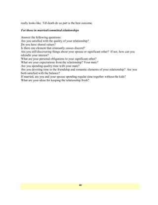 really looks like. Till death do us part is the best outcome.

For those in married/committed relationships

Answer the following questions:
Are you satisfied with the quality of your relationship?
Do you have shared values?
Is there one element that constantly causes discord?
Are you still discovering things about your spouse or significant other? If not, how can you
rekindle your interest?
What are your personal obligations to your significant other?
What are your expectations from the relationship? Your mate?
Are you spending quality time with your mate?
Are you devoting time to the friendship and romantic elements of your relationship? Are you
both satisfied with the balance?
If married, are you and your spouse spending regular time together without the kids?
What are your ideas for keeping the relationship fresh?




                                                 48
 