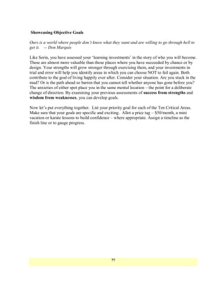 Showcasing Objective Goals

Ours is a world where people don’t know what they want and are willing to go through hell to
get it. -- Don Marquis

Like Serin, you have assessed your ‗learning investments‘ in the story of who you will become.
These are almost more valuable than those places where you have succeeded by chance or by
design. Your strengths will grow stronger through exercising them, and your investments in
trial and error will help you identify areas in which you can choose NOT to fail again. Both
contribute to the goal of living happily ever after. Consider your situation. Are you stuck in the
mud? Or is the path ahead so barren that you cannot tell whether anyone has gone before you?
The anxieties of either spot place you in the same mental location – the point for a deliberate
change of direction. By examining your previous assessments of success from strengths and
wisdom from weaknesses, you can develop goals.

Now let‘s put everything together. List your priority goal for each of the Ten Critical Areas.
Make sure that your goals are specific and exciting. Allot a price tag – $50/month, a mini
vacation or karate lessons to build confidence – where appropriate. Assign a timeline as the
finish line or to gauge progress.




                                                77
 