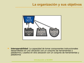 La organización y sus objetivos Interoperabilidad : La capacidad de tomar componentes instruccionales desarrollados en una ubicación con un conjunto de herramientas o plataforma y usarlos en otra ubicación con un conjunto de herramientas y plataforma 