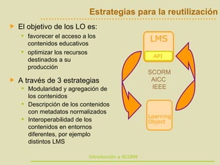 Estrategias para la reutilización El objetivo de los LO es: favorecer el acceso a los contenidos educativos optimizar los recursos destinados a su producción  A través de 3 estrategias Modularidad y agregación de los contenidos Descripción de los contenidos con metadatos normalizados Interoperabilidad de los contenidos en entornos diferentes, por ejemplo distintos LMS SCORM AICC  IEEE 