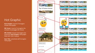 Hot Graphic
Item Graphic: Inserire l’immagine
iniziale nella griglia.
SRC Hover: Inserire l’immagine che
compare al passaggio del mouse.
SRC Visited: Inserire l’immagine che
sostituisce Item Graphic nella griglia
dopo aver visto il popup.
Item Title: sottotitolo dell’immagine
nella griglia.
 