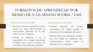FORMATOS DE APRENDIZAJE POR
MEDIO DE E-LEARNING SCORM / LMS
Características de LMS
• Permite al docente organizar de mejor
manera sus clases aprovechando las
características dinámicas de la web
(vídeos, textos, imágenes).
• Orienta al estudiante a ser el
responsable de su propio aprendizaje
al realizar paso a paso la revisión de
contenido y desarrollo de actividades
Características de LMS
• Genera reportes de forma
automática los cuales ayudan al
docente en la evaluación del curso.
• Poseen foros de discusión, medios
por los cuales se mantiene una
comunicación activa entre el
docente y los estudiantes.
 