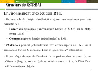 Structure de SCORM
Environnement d’exécution RTE
22
o Un ensemble de Scripts (JavaScript) à ajouter aux ressources pour leur
permettre de :
• Lancer des ressources d’apprentissage (Assets et SCOs) par la plate-
forme (LMS)
• Communiquer des données (métadonnées) au LMS.
o 49 données peuvent potentiellement être communiquées au LMS via 8
commandes. Sur ces 49 données, 12 sont obligatoires et 37 optionnelles.
o Il peut s’agir du nom de l’étudiant, de sa position dans le cours, de ses
préférences (langues, volume...), de ses résultats aux exercices, de l’état d’une
unité de sens (lu/non lu), etc.
1Introduction 4 Inconvénients 5 Conclusion3 Avantages2 Structure de SCORM
 