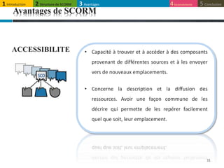 31
ACCESSIBILITE • Capacité à trouver et à accéder à des composants
provenant de différentes sources et à les envoyer
vers de nouveaux emplacements.
• Concerne la description et la diffusion des
ressources. Avoir une façon commune de les
décrire qui permette de les repérer facilement
quel que soit, leur emplacement.
Avantages de SCORM
1 Introduction 4Inconvénients 5 Conclusion3 Avantages2 Structure de SCORM
 