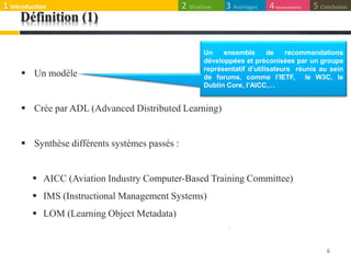 Définition (1)
 Un modèle
 Crée par ADL (Advanced Distributed Learning)
 Synthèse différents systèmes passés :
 AICC (Aviation Industry Computer-Based Training Committee)
 IMS (Instructional Management Systems)
 LOM (Learning Object Metadata)
6
Un ensemble de recommandations
développées et préconisées par un groupe
représentatif d’utilisateurs réunis au sein
de forums, comme l’IETF, le W3C, le
Dublin Core, l’AICC,…
1 Introduction 3 Avantages2 Structure 5 Conclusion4Inconvénients
 