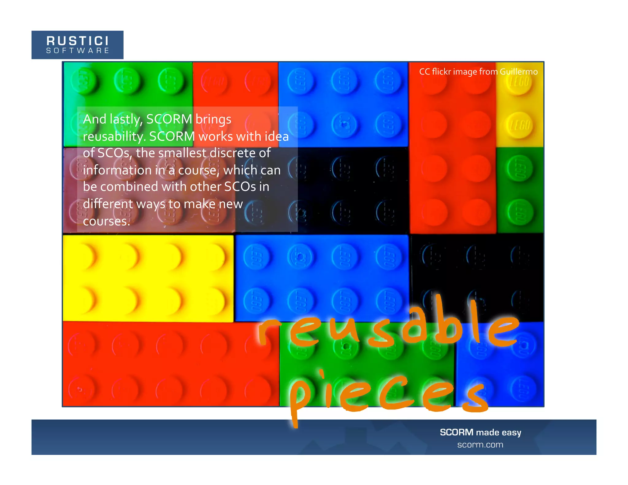 CC	
  ﬂickr	
  image	
  from	
  Guillermo	
  




And	
  lastly,	
  SCORM	
  brings	
  
reusability.	
  SCORM	
  works	
  with	
  idea	
  
of	
  SCOs,	
  the	
  smallest	
  discrete	
  of	
  
information	
  in	
  a	
  course,	
  which	
  can	
  
be	
  combined	
  with	
  other	
  SCOs	
  in	
  
diﬀerent	
  ways	
  to	
  make	
  new	
  
courses.	
  	
  
 