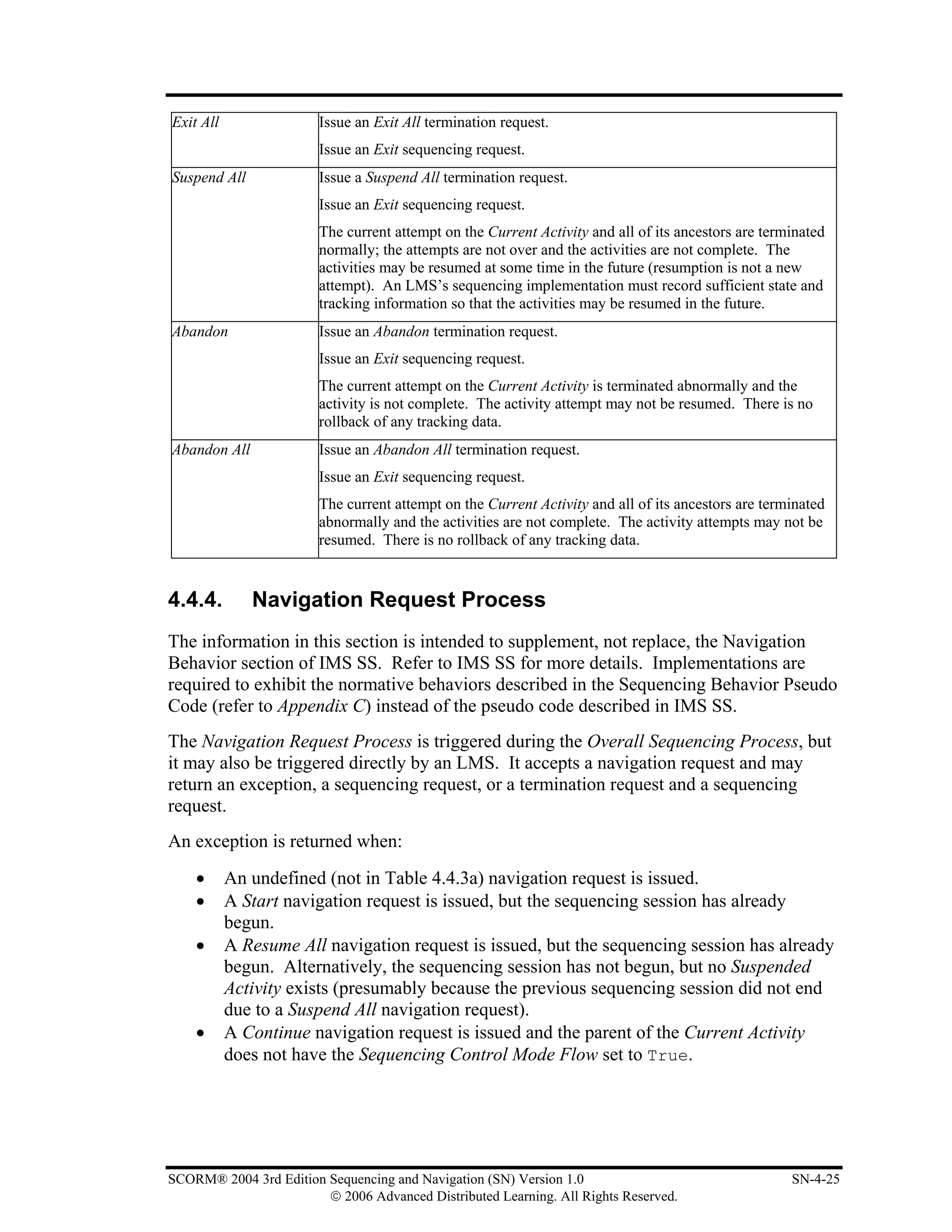 Exit All                Issue an Exit All termination request.
                        Issue an Exit sequencing request.
Suspend All             Issue a Suspend All termination request.
                        Issue an Exit sequencing request.
                        The current attempt on the Current Activity and all of its ancestors are terminated
                        normally; the attempts are not over and the activities are not complete. The
                        activities may be resumed at some time in the future (resumption is not a new
                        attempt). An LMS’s sequencing implementation must record sufficient state and
                        tracking information so that the activities may be resumed in the future.
Abandon                 Issue an Abandon termination request.
                        Issue an Exit sequencing request.
                        The current attempt on the Current Activity is terminated abnormally and the
                        activity is not complete. The activity attempt may not be resumed. There is no
                        rollback of any tracking data.
Abandon All             Issue an Abandon All termination request.
                        Issue an Exit sequencing request.
                        The current attempt on the Current Activity and all of its ancestors are terminated
                        abnormally and the activities are not complete. The activity attempts may not be
                        resumed. There is no rollback of any tracking data.


4.4.4.        Navigation Request Process
The information in this section is intended to supplement, not replace, the Navigation
Behavior section of IMS SS. Refer to IMS SS for more details. Implementations are
required to exhibit the normative behaviors described in the Sequencing Behavior Pseudo
Code (refer to Appendix C) instead of the pseudo code described in IMS SS.
The Navigation Request Process is triggered during the Overall Sequencing Process, but
it may also be triggered directly by an LMS. It accepts a navigation request and may
return an exception, a sequencing request, or a termination request and a sequencing
request.
An exception is returned when:
    •      An undefined (not in Table 4.4.3a) navigation request is issued.
    •      A Start navigation request is issued, but the sequencing session has already
           begun.
    •      A Resume All navigation request is issued, but the sequencing session has already
           begun. Alternatively, the sequencing session has not begun, but no Suspended
           Activity exists (presumably because the previous sequencing session did not end
           due to a Suspend All navigation request).
    •      A Continue navigation request is issued and the parent of the Current Activity
           does not have the Sequencing Control Mode Flow set to True.




SCORM® 2004 3rd Edition Sequencing and Navigation (SN) Version 1.0                                   SN-4-25
                        © 2006 Advanced Distributed Learning. All Rights Reserved.
 