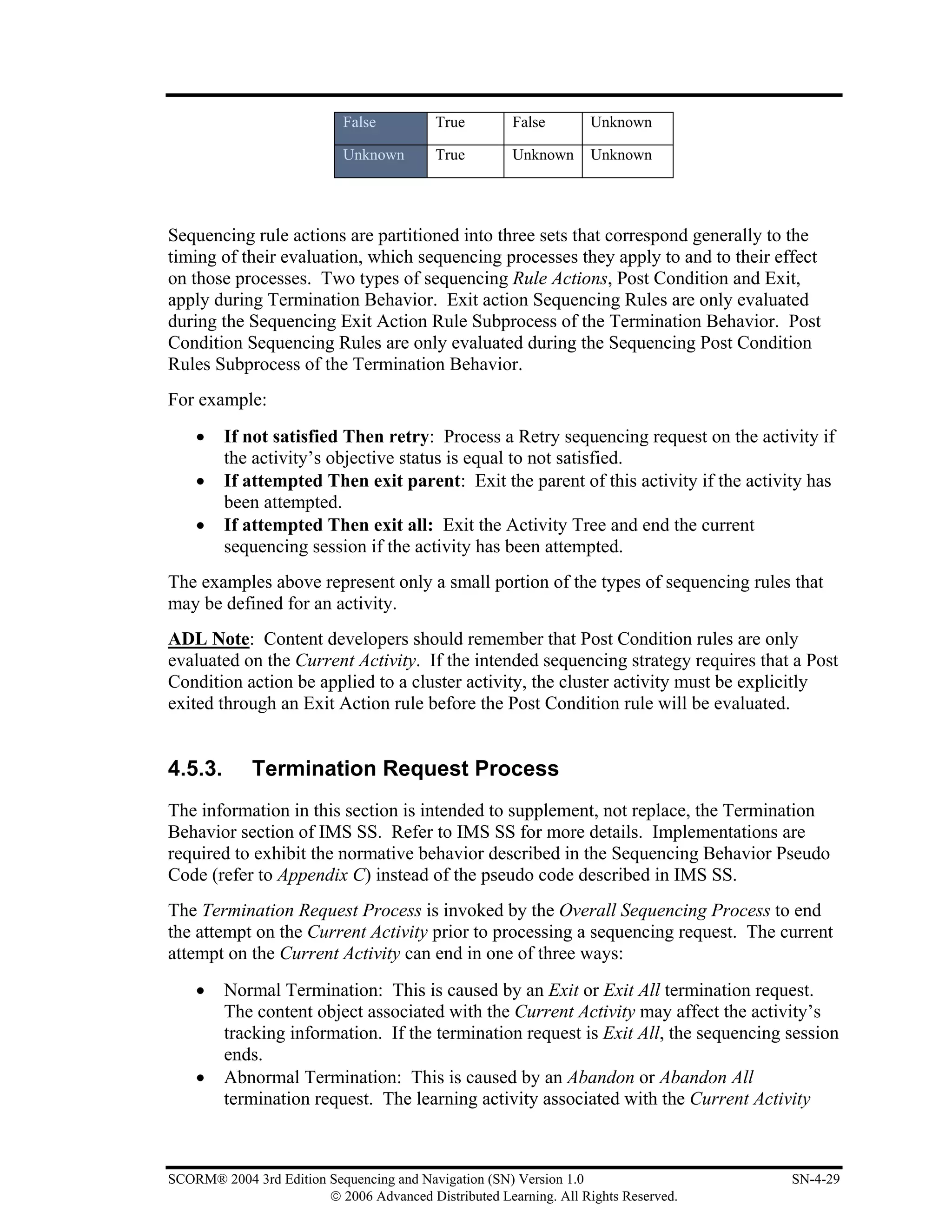 False          True        False       Unknown

                            Unknown        True        Unknown     Unknown




Sequencing rule actions are partitioned into three sets that correspond generally to the
timing of their evaluation, which sequencing processes they apply to and to their effect
on those processes. Two types of sequencing Rule Actions, Post Condition and Exit,
apply during Termination Behavior. Exit action Sequencing Rules are only evaluated
during the Sequencing Exit Action Rule Subprocess of the Termination Behavior. Post
Condition Sequencing Rules are only evaluated during the Sequencing Post Condition
Rules Subprocess of the Termination Behavior.
For example:
    •    If not satisfied Then retry: Process a Retry sequencing request on the activity if
         the activity’s objective status is equal to not satisfied.
    •    If attempted Then exit parent: Exit the parent of this activity if the activity has
         been attempted.
    •    If attempted Then exit all: Exit the Activity Tree and end the current
         sequencing session if the activity has been attempted.
The examples above represent only a small portion of the types of sequencing rules that
may be defined for an activity.
ADL Note: Content developers should remember that Post Condition rules are only
evaluated on the Current Activity. If the intended sequencing strategy requires that a Post
Condition action be applied to a cluster activity, the cluster activity must be explicitly
exited through an Exit Action rule before the Post Condition rule will be evaluated.


4.5.3.       Termination Request Process
The information in this section is intended to supplement, not replace, the Termination
Behavior section of IMS SS. Refer to IMS SS for more details. Implementations are
required to exhibit the normative behavior described in the Sequencing Behavior Pseudo
Code (refer to Appendix C) instead of the pseudo code described in IMS SS.
The Termination Request Process is invoked by the Overall Sequencing Process to end
the attempt on the Current Activity prior to processing a sequencing request. The current
attempt on the Current Activity can end in one of three ways:
    •    Normal Termination: This is caused by an Exit or Exit All termination request.
         The content object associated with the Current Activity may affect the activity’s
         tracking information. If the termination request is Exit All, the sequencing session
         ends.
    •    Abnormal Termination: This is caused by an Abandon or Abandon All
         termination request. The learning activity associated with the Current Activity



SCORM® 2004 3rd Edition Sequencing and Navigation (SN) Version 1.0                    SN-4-29
                        © 2006 Advanced Distributed Learning. All Rights Reserved.
 