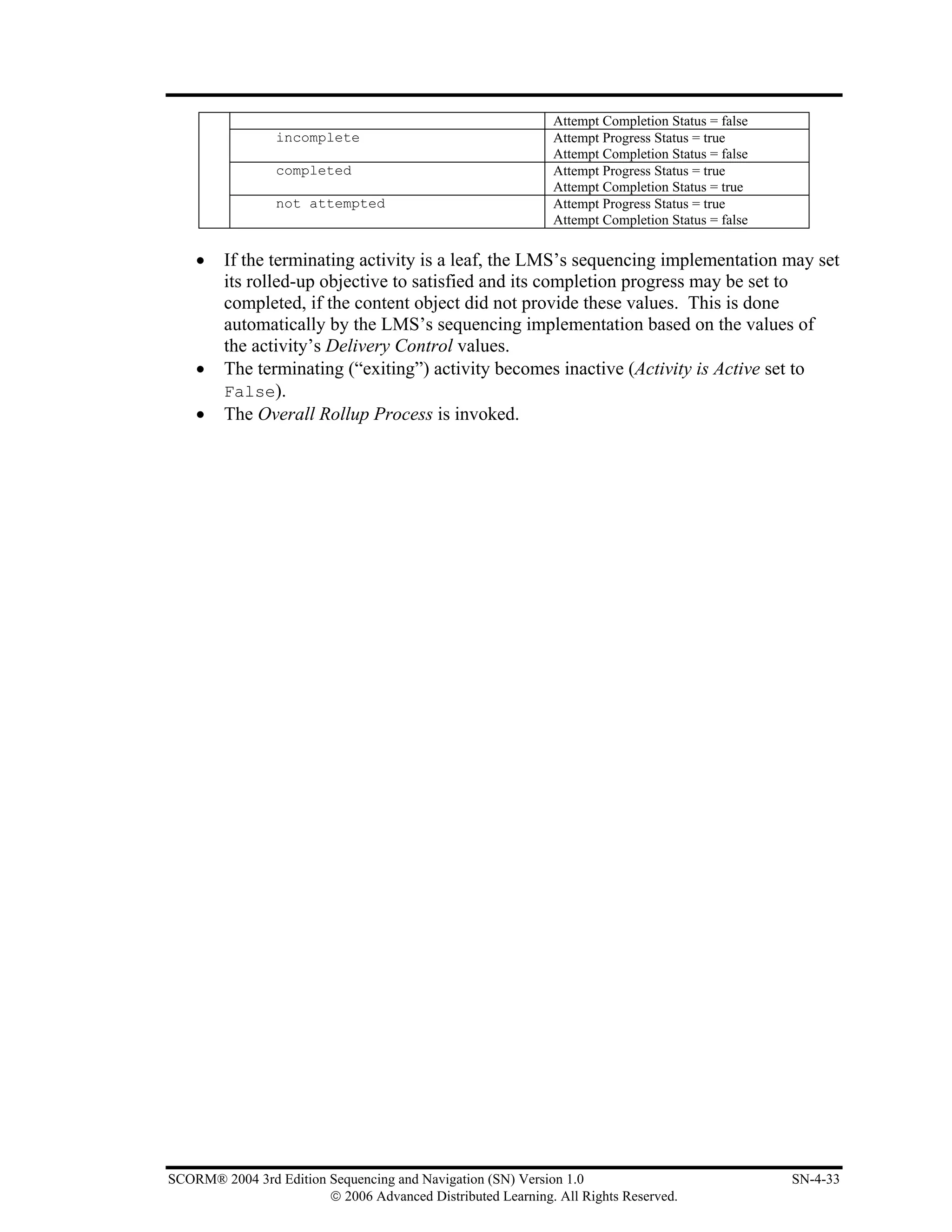 Attempt Completion Status = false
                 incomplete                                  Attempt Progress Status = true
                                                             Attempt Completion Status = false
                 completed                                   Attempt Progress Status = true
                                                             Attempt Completion Status = true
                 not attempted                               Attempt Progress Status = true
                                                             Attempt Completion Status = false

    •    If the terminating activity is a leaf, the LMS’s sequencing implementation may set
         its rolled-up objective to satisfied and its completion progress may be set to
         completed, if the content object did not provide these values. This is done
         automatically by the LMS’s sequencing implementation based on the values of
         the activity’s Delivery Control values.
    •    The terminating (“exiting”) activity becomes inactive (Activity is Active set to
         False).
    •    The Overall Rollup Process is invoked.




SCORM® 2004 3rd Edition Sequencing and Navigation (SN) Version 1.0                               SN-4-33
                        © 2006 Advanced Distributed Learning. All Rights Reserved.
 