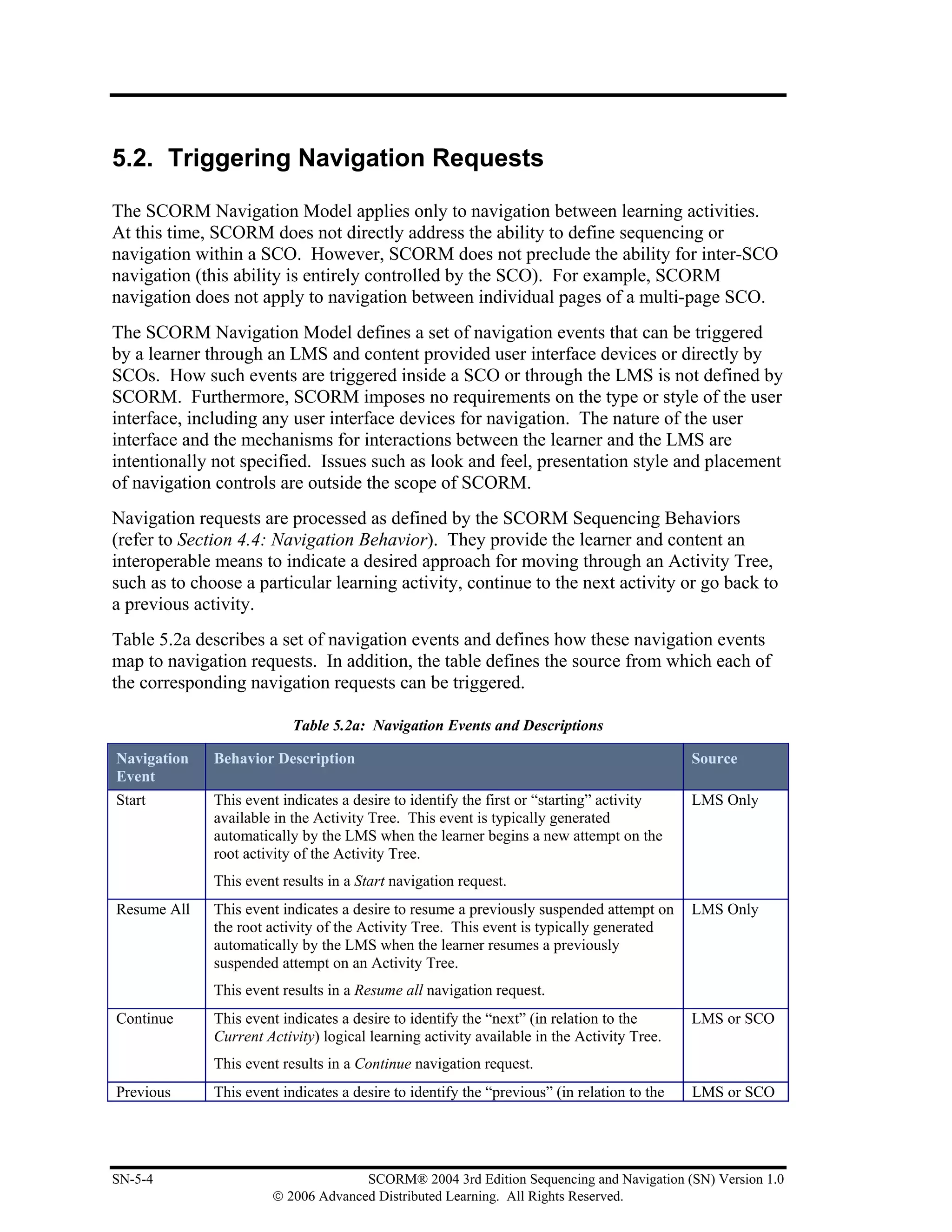 5.2. Triggering Navigation Requests

The SCORM Navigation Model applies only to navigation between learning activities.
At this time, SCORM does not directly address the ability to define sequencing or
navigation within a SCO. However, SCORM does not preclude the ability for inter-SCO
navigation (this ability is entirely controlled by the SCO). For example, SCORM
navigation does not apply to navigation between individual pages of a multi-page SCO.
The SCORM Navigation Model defines a set of navigation events that can be triggered
by a learner through an LMS and content provided user interface devices or directly by
SCOs. How such events are triggered inside a SCO or through the LMS is not defined by
SCORM. Furthermore, SCORM imposes no requirements on the type or style of the user
interface, including any user interface devices for navigation. The nature of the user
interface and the mechanisms for interactions between the learner and the LMS are
intentionally not specified. Issues such as look and feel, presentation style and placement
of navigation controls are outside the scope of SCORM.
Navigation requests are processed as defined by the SCORM Sequencing Behaviors
(refer to Section 4.4: Navigation Behavior). They provide the learner and content an
interoperable means to indicate a desired approach for moving through an Activity Tree,
such as to choose a particular learning activity, continue to the next activity or go back to
a previous activity.
Table 5.2a describes a set of navigation events and defines how these navigation events
map to navigation requests. In addition, the table defines the source from which each of
the corresponding navigation requests can be triggered.

                           Table 5.2a: Navigation Events and Descriptions

Navigation    Behavior Description                                                           Source
Event
Start         This event indicates a desire to identify the first or “starting” activity     LMS Only
              available in the Activity Tree. This event is typically generated
              automatically by the LMS when the learner begins a new attempt on the
              root activity of the Activity Tree.
              This event results in a Start navigation request.
Resume All    This event indicates a desire to resume a previously suspended attempt on      LMS Only
              the root activity of the Activity Tree. This event is typically generated
              automatically by the LMS when the learner resumes a previously
              suspended attempt on an Activity Tree.
              This event results in a Resume all navigation request.
Continue      This event indicates a desire to identify the “next” (in relation to the       LMS or SCO
              Current Activity) logical learning activity available in the Activity Tree.
              This event results in a Continue navigation request.
Previous      This event indicates a desire to identify the “previous” (in relation to the   LMS or SCO




SN-5-4                               SCORM® 2004 3rd Edition Sequencing and Navigation (SN) Version 1.0
                       © 2006 Advanced Distributed Learning. All Rights Reserved.
 