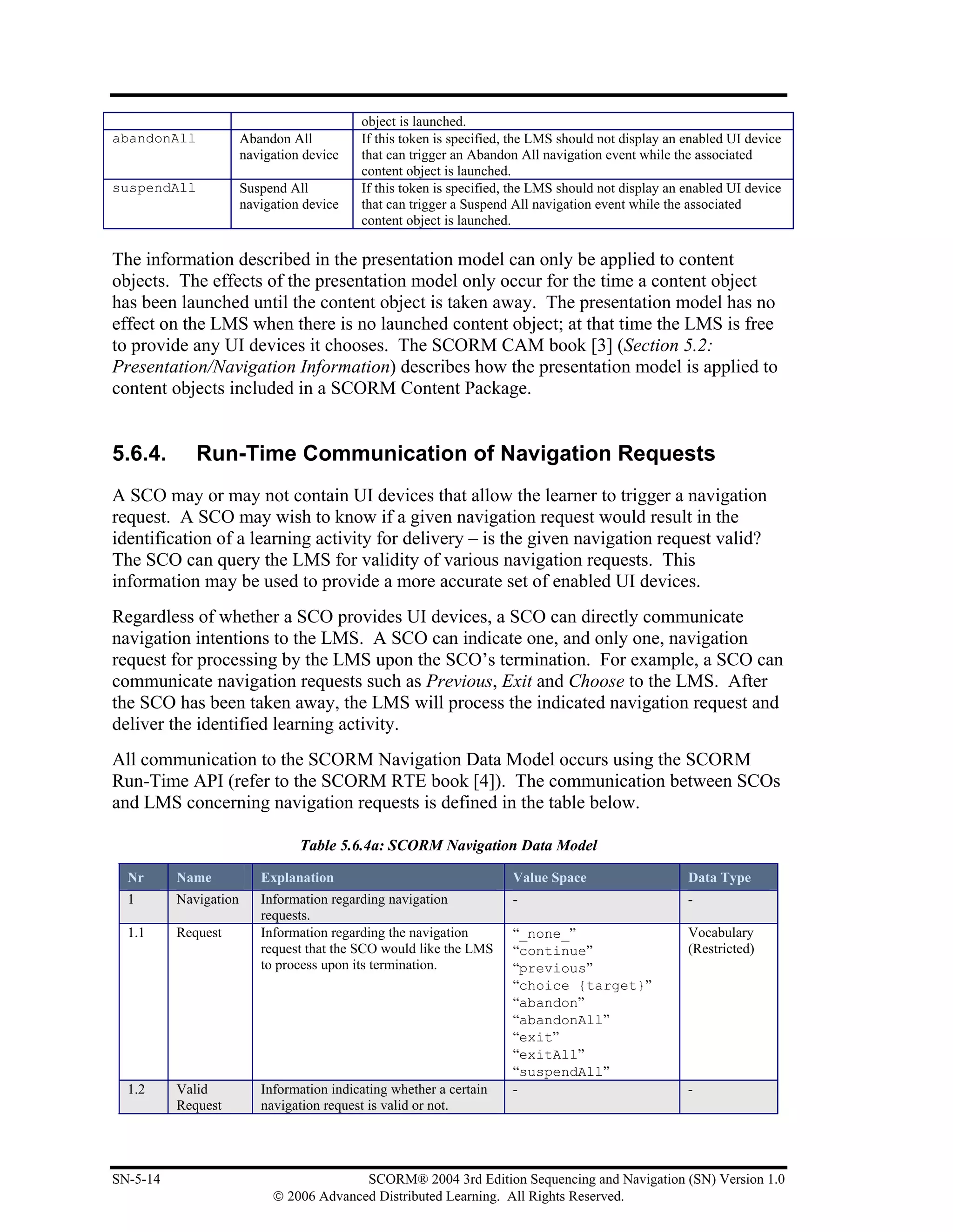 object is launched.
abandonAll             Abandon All         If this token is specified, the LMS should not display an enabled UI device
                       navigation device   that can trigger an Abandon All navigation event while the associated
                                           content object is launched.
suspendAll             Suspend All         If this token is specified, the LMS should not display an enabled UI device
                       navigation device   that can trigger a Suspend All navigation event while the associated
                                           content object is launched.

The information described in the presentation model can only be applied to content
objects. The effects of the presentation model only occur for the time a content object
has been launched until the content object is taken away. The presentation model has no
effect on the LMS when there is no launched content object; at that time the LMS is free
to provide any UI devices it chooses. The SCORM CAM book [3] (Section 5.2:
Presentation/Navigation Information) describes how the presentation model is applied to
content objects included in a SCORM Content Package.


5.6.4.       Run-Time Communication of Navigation Requests
A SCO may or may not contain UI devices that allow the learner to trigger a navigation
request. A SCO may wish to know if a given navigation request would result in the
identification of a learning activity for delivery – is the given navigation request valid?
The SCO can query the LMS for validity of various navigation requests. This
information may be used to provide a more accurate set of enabled UI devices.
Regardless of whether a SCO provides UI devices, a SCO can directly communicate
navigation intentions to the LMS. A SCO can indicate one, and only one, navigation
request for processing by the LMS upon the SCO’s termination. For example, a SCO can
communicate navigation requests such as Previous, Exit and Choose to the LMS. After
the SCO has been taken away, the LMS will process the indicated navigation request and
deliver the identified learning activity.
All communication to the SCORM Navigation Data Model occurs using the SCORM
Run-Time API (refer to the SCORM RTE book [4]). The communication between SCOs
and LMS concerning navigation requests is defined in the table below.

                                 Table 5.6.4a: SCORM Navigation Data Model

  Nr      Name            Explanation                                 Value Space                    Data Type
  1       Navigation      Information regarding navigation            -                              -
                          requests.
  1.1     Request         Information regarding the navigation        “_none_”                       Vocabulary
                          request that the SCO would like the LMS     “continue”                     (Restricted)
                          to process upon its termination.            “previous”
                                                                      “choice {target}”
                                                                      “abandon”
                                                                      “abandonAll”
                                                                      “exit”
                                                                      “exitAll”
                                                                      “suspendAll”
  1.2     Valid           Information indicating whether a certain    -                              -
          Request         navigation request is valid or not.




SN-5-14                                   SCORM® 2004 3rd Edition Sequencing and Navigation (SN) Version 1.0
                            © 2006 Advanced Distributed Learning. All Rights Reserved.
 