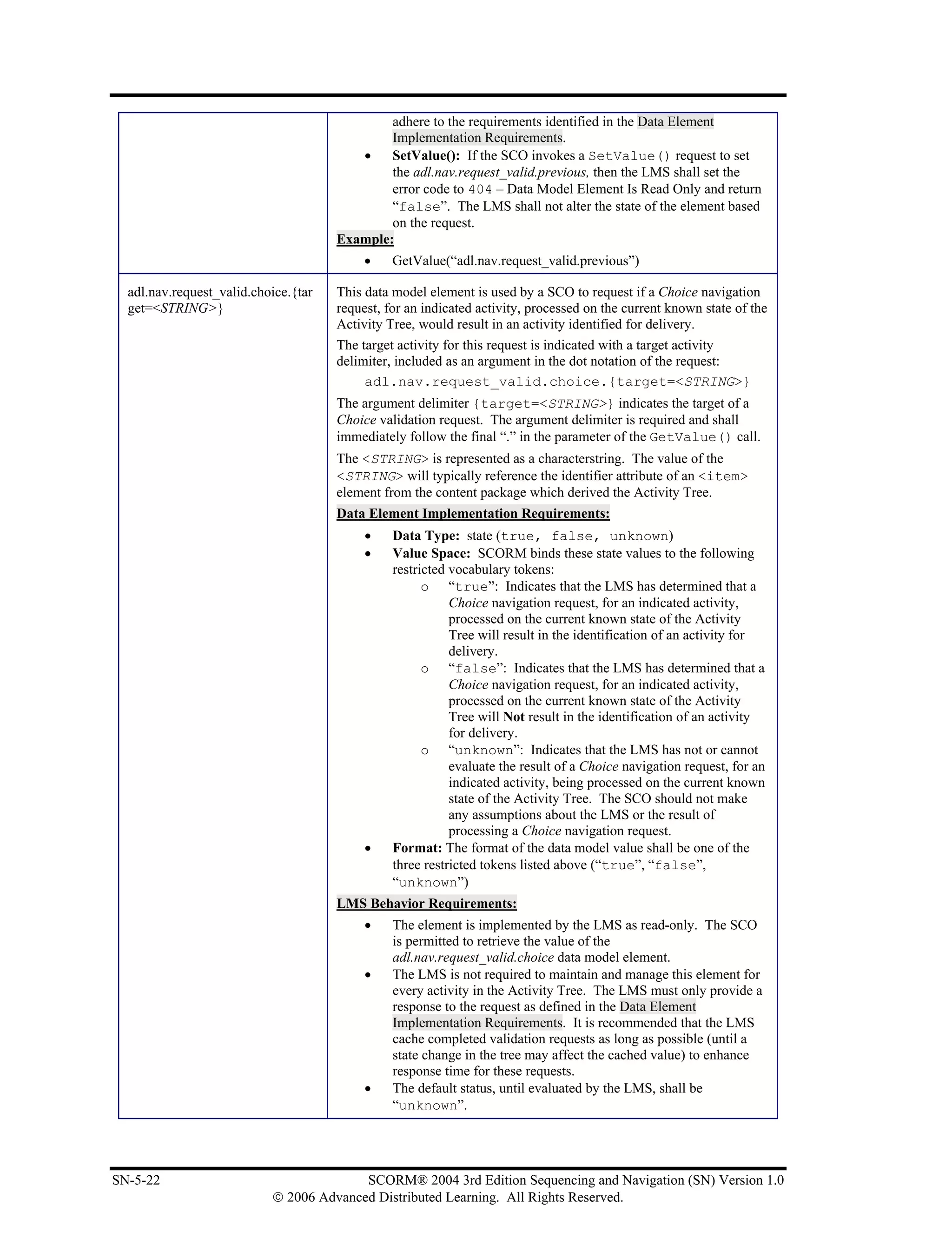 adhere to the requirements identified in the Data Element
                                              Implementation Requirements.
                                         •    SetValue(): If the SCO invokes a SetValue() request to set
                                              the adl.nav.request_valid.previous, then the LMS shall set the
                                              error code to 404 – Data Model Element Is Read Only and return
                                              “false”. The LMS shall not alter the state of the element based
                                              on the request.
                                      Example:
                                           •    GetValue(“adl.nav.request_valid.previous”)

  adl.nav.request_valid.choice.{tar   This data model element is used by a SCO to request if a Choice navigation
  get=<STRING>}                       request, for an indicated activity, processed on the current known state of the
                                      Activity Tree, would result in an activity identified for delivery.
                                      The target activity for this request is indicated with a target activity
                                      delimiter, included as an argument in the dot notation of the request:
                                           adl.nav.request_valid.choice.{target=<STRING>}
                                      The argument delimiter {target=<STRING>} indicates the target of a
                                      Choice validation request. The argument delimiter is required and shall
                                      immediately follow the final “.” in the parameter of the GetValue() call.
                                      The <STRING> is represented as a characterstring. The value of the
                                      <STRING> will typically reference the identifier attribute of an <item>
                                      element from the content package which derived the Activity Tree.
                                      Data Element Implementation Requirements:
                                           •    Data Type: state (true, false, unknown)
                                           •    Value Space: SCORM binds these state values to the following
                                                restricted vocabulary tokens:
                                                      o “true”: Indicates that the LMS has determined that a
                                                           Choice navigation request, for an indicated activity,
                                                           processed on the current known state of the Activity
                                                           Tree will result in the identification of an activity for
                                                           delivery.
                                                      o “false”: Indicates that the LMS has determined that a
                                                           Choice navigation request, for an indicated activity,
                                                           processed on the current known state of the Activity
                                                           Tree will Not result in the identification of an activity
                                                           for delivery.
                                                      o “unknown”: Indicates that the LMS has not or cannot
                                                           evaluate the result of a Choice navigation request, for an
                                                           indicated activity, being processed on the current known
                                                           state of the Activity Tree. The SCO should not make
                                                           any assumptions about the LMS or the result of
                                                           processing a Choice navigation request.
                                           •    Format: The format of the data model value shall be one of the
                                                three restricted tokens listed above (“true”, “false”,
                                                “unknown”)
                                      LMS Behavior Requirements:
                                           •    The element is implemented by the LMS as read-only. The SCO
                                                is permitted to retrieve the value of the
                                                adl.nav.request_valid.choice data model element.
                                           •    The LMS is not required to maintain and manage this element for
                                                every activity in the Activity Tree. The LMS must only provide a
                                                response to the request as defined in the Data Element
                                                Implementation Requirements. It is recommended that the LMS
                                                cache completed validation requests as long as possible (until a
                                                state change in the tree may affect the cached value) to enhance
                                                response time for these requests.
                                           •    The default status, until evaluated by the LMS, shall be
                                                “unknown”.




SN-5-22                                  SCORM® 2004 3rd Edition Sequencing and Navigation (SN) Version 1.0
                           © 2006 Advanced Distributed Learning. All Rights Reserved.
 