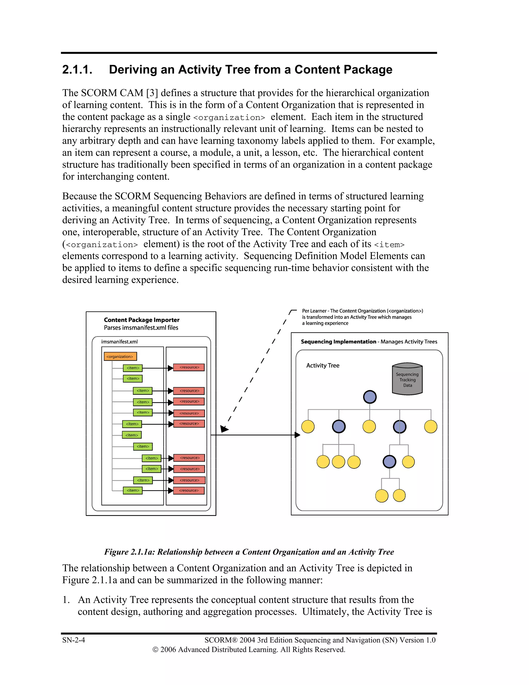 2.1.1.     Deriving an Activity Tree from a Content Package
The SCORM CAM [3] defines a structure that provides for the hierarchical organization
of learning content. This is in the form of a Content Organization that is represented in
the content package as a single <organization> element. Each item in the structured
hierarchy represents an instructionally relevant unit of learning. Items can be nested to
any arbitrary depth and can have learning taxonomy labels applied to them. For example,
an item can represent a course, a module, a unit, a lesson, etc. The hierarchical content
structure has traditionally been specified in terms of an organization in a content package
for interchanging content.
Because the SCORM Sequencing Behaviors are defined in terms of structured learning
activities, a meaningful content structure provides the necessary starting point for
deriving an Activity Tree. In terms of sequencing, a Content Organization represents
one, interoperable, structure of an Activity Tree. The Content Organization
(<organization> element) is the root of the Activity Tree and each of its <item>
elements correspond to a learning activity. Sequencing Definition Model Elements can
be applied to items to define a specific sequencing run-time behavior consistent with the
desired learning experience.




          Figure 2.1.1a: Relationship between a Content Organization and an Activity Tree
The relationship between a Content Organization and an Activity Tree is depicted in
Figure 2.1.1a and can be summarized in the following manner:
1. An Activity Tree represents the conceptual content structure that results from the
   content design, authoring and aggregation processes. Ultimately, the Activity Tree is

SN-2-4                               SCORM® 2004 3rd Edition Sequencing and Navigation (SN) Version 1.0
                       © 2006 Advanced Distributed Learning. All Rights Reserved.
 