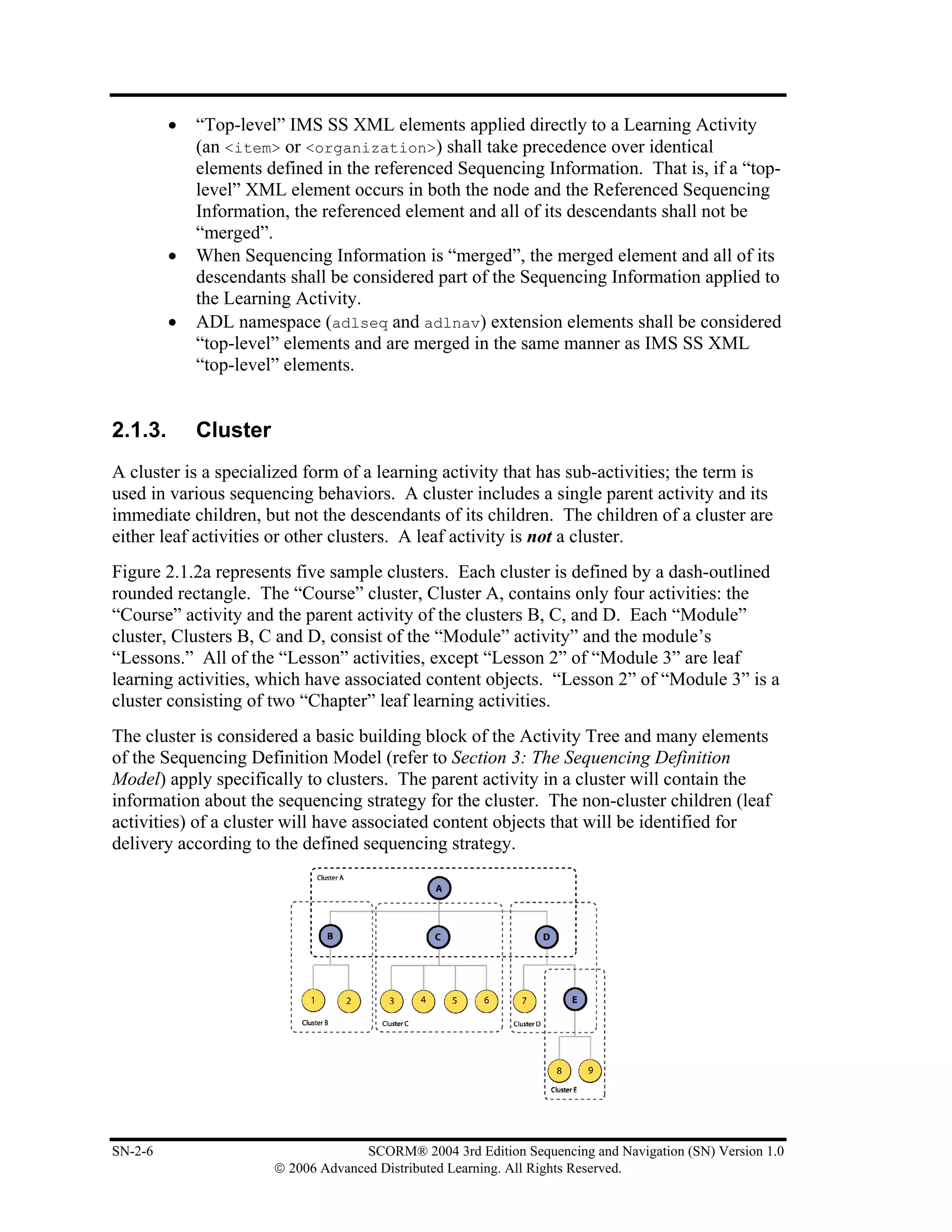 •   “Top-level” IMS SS XML elements applied directly to a Learning Activity
             (an <item> or <organization>) shall take precedence over identical
             elements defined in the referenced Sequencing Information. That is, if a “top-
             level” XML element occurs in both the node and the Referenced Sequencing
             Information, the referenced element and all of its descendants shall not be
             “merged”.
         •   When Sequencing Information is “merged”, the merged element and all of its
             descendants shall be considered part of the Sequencing Information applied to
             the Learning Activity.
         •   ADL namespace (adlseq and adlnav) extension elements shall be considered
             “top-level” elements and are merged in the same manner as IMS SS XML
             “top-level” elements.


2.1.3.       Cluster
A cluster is a specialized form of a learning activity that has sub-activities; the term is
used in various sequencing behaviors. A cluster includes a single parent activity and its
immediate children, but not the descendants of its children. The children of a cluster are
either leaf activities or other clusters. A leaf activity is not a cluster.
Figure 2.1.2a represents five sample clusters. Each cluster is defined by a dash-outlined
rounded rectangle. The “Course” cluster, Cluster A, contains only four activities: the
“Course” activity and the parent activity of the clusters B, C, and D. Each “Module”
cluster, Clusters B, C and D, consist of the “Module” activity” and the module’s
“Lessons.” All of the “Lesson” activities, except “Lesson 2” of “Module 3” are leaf
learning activities, which have associated content objects. “Lesson 2” of “Module 3” is a
cluster consisting of two “Chapter” leaf learning activities.
The cluster is considered a basic building block of the Activity Tree and many elements
of the Sequencing Definition Model (refer to Section 3: The Sequencing Definition
Model) apply specifically to clusters. The parent activity in a cluster will contain the
information about the sequencing strategy for the cluster. The non-cluster children (leaf
activities) of a cluster will have associated content objects that will be identified for
delivery according to the defined sequencing strategy.




SN-2-6                               SCORM® 2004 3rd Edition Sequencing and Navigation (SN) Version 1.0
                       © 2006 Advanced Distributed Learning. All Rights Reserved.
 