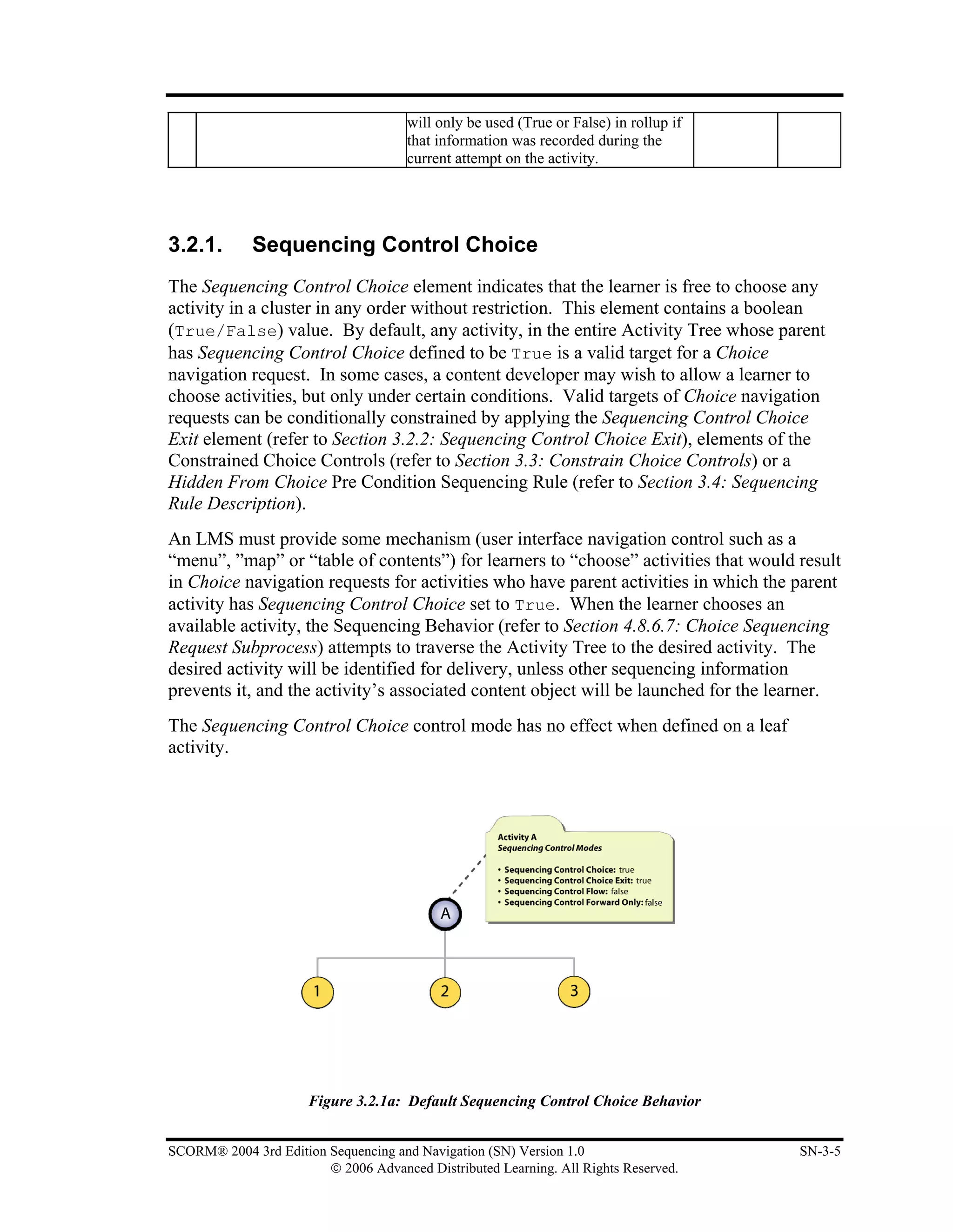 will only be used (True or False) in rollup if
                                      that information was recorded during the
                                      current attempt on the activity.




3.2.1.       Sequencing Control Choice
The Sequencing Control Choice element indicates that the learner is free to choose any
activity in a cluster in any order without restriction. This element contains a boolean
(True/False) value. By default, any activity, in the entire Activity Tree whose parent
has Sequencing Control Choice defined to be True is a valid target for a Choice
navigation request. In some cases, a content developer may wish to allow a learner to
choose activities, but only under certain conditions. Valid targets of Choice navigation
requests can be conditionally constrained by applying the Sequencing Control Choice
Exit element (refer to Section 3.2.2: Sequencing Control Choice Exit), elements of the
Constrained Choice Controls (refer to Section 3.3: Constrain Choice Controls) or a
Hidden From Choice Pre Condition Sequencing Rule (refer to Section 3.4: Sequencing
Rule Description).
An LMS must provide some mechanism (user interface navigation control such as a
“menu”, ”map” or “table of contents”) for learners to “choose” activities that would result
in Choice navigation requests for activities who have parent activities in which the parent
activity has Sequencing Control Choice set to True. When the learner chooses an
available activity, the Sequencing Behavior (refer to Section 4.8.6.7: Choice Sequencing
Request Subprocess) attempts to traverse the Activity Tree to the desired activity. The
desired activity will be identified for delivery, unless other sequencing information
prevents it, and the activity’s associated content object will be launched for the learner.
The Sequencing Control Choice control mode has no effect when defined on a leaf
activity.




                      Figure 3.2.1a: Default Sequencing Control Choice Behavior


SCORM® 2004 3rd Edition Sequencing and Navigation (SN) Version 1.0                     SN-3-5
                        © 2006 Advanced Distributed Learning. All Rights Reserved.
 