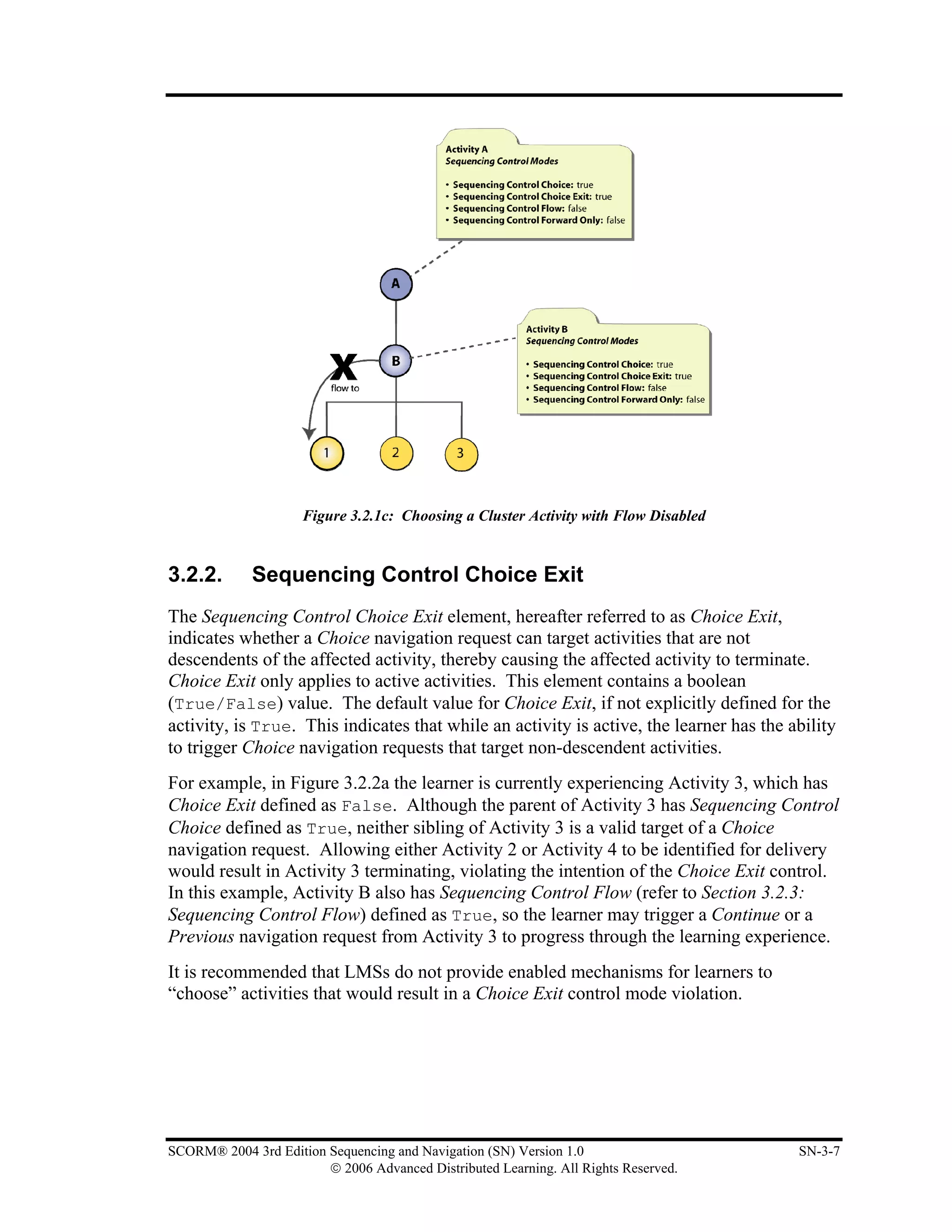 Figure 3.2.1c: Choosing a Cluster Activity with Flow Disabled


3.2.2.       Sequencing Control Choice Exit
The Sequencing Control Choice Exit element, hereafter referred to as Choice Exit,
indicates whether a Choice navigation request can target activities that are not
descendents of the affected activity, thereby causing the affected activity to terminate.
Choice Exit only applies to active activities. This element contains a boolean
(True/False) value. The default value for Choice Exit, if not explicitly defined for the
activity, is True. This indicates that while an activity is active, the learner has the ability
to trigger Choice navigation requests that target non-descendent activities.
For example, in Figure 3.2.2a the learner is currently experiencing Activity 3, which has
Choice Exit defined as False. Although the parent of Activity 3 has Sequencing Control
Choice defined as True, neither sibling of Activity 3 is a valid target of a Choice
navigation request. Allowing either Activity 2 or Activity 4 to be identified for delivery
would result in Activity 3 terminating, violating the intention of the Choice Exit control.
In this example, Activity B also has Sequencing Control Flow (refer to Section 3.2.3:
Sequencing Control Flow) defined as True, so the learner may trigger a Continue or a
Previous navigation request from Activity 3 to progress through the learning experience.
It is recommended that LMSs do not provide enabled mechanisms for learners to
“choose” activities that would result in a Choice Exit control mode violation.




SCORM® 2004 3rd Edition Sequencing and Navigation (SN) Version 1.0                       SN-3-7
                        © 2006 Advanced Distributed Learning. All Rights Reserved.
 