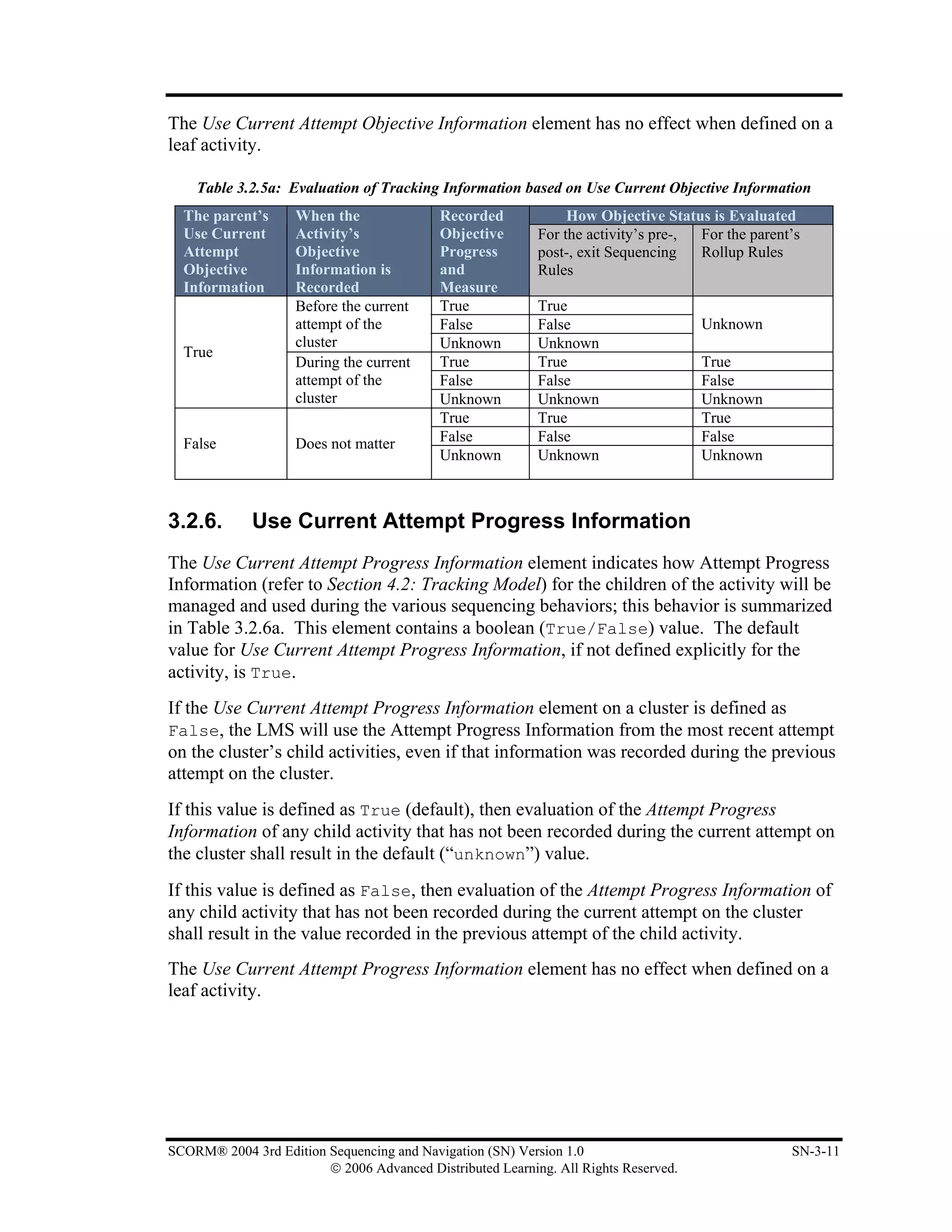 The Use Current Attempt Objective Information element has no effect when defined on a
leaf activity.

    Table 3.2.5a: Evaluation of Tracking Information based on Use Current Objective Information
  The parent’s      When the               Recorded             How Objective Status is Evaluated
  Use Current       Activity’s             Objective       For the activity’s pre-, For the parent’s
  Attempt           Objective              Progress        post-, exit Sequencing   Rollup Rules
  Objective         Information is         and             Rules
  Information       Recorded               Measure
                    Before the current     True            True
                    attempt of the         False           False                     Unknown
                    cluster                Unknown         Unknown
  True
                    During the current     True            True                      True
                    attempt of the         False           False                     False
                    cluster                Unknown         Unknown                   Unknown
                                           True            True                      True
  False             Does not matter        False           False                     False
                                           Unknown         Unknown                   Unknown



3.2.6.       Use Current Attempt Progress Information
The Use Current Attempt Progress Information element indicates how Attempt Progress
Information (refer to Section 4.2: Tracking Model) for the children of the activity will be
managed and used during the various sequencing behaviors; this behavior is summarized
in Table 3.2.6a. This element contains a boolean (True/False) value. The default
value for Use Current Attempt Progress Information, if not defined explicitly for the
activity, is True.
If the Use Current Attempt Progress Information element on a cluster is defined as
False, the LMS will use the Attempt Progress Information from the most recent attempt
on the cluster’s child activities, even if that information was recorded during the previous
attempt on the cluster.
If this value is defined as True (default), then evaluation of the Attempt Progress
Information of any child activity that has not been recorded during the current attempt on
the cluster shall result in the default (“unknown”) value.
If this value is defined as False, then evaluation of the Attempt Progress Information of
any child activity that has not been recorded during the current attempt on the cluster
shall result in the value recorded in the previous attempt of the child activity.
The Use Current Attempt Progress Information element has no effect when defined on a
leaf activity.




SCORM® 2004 3rd Edition Sequencing and Navigation (SN) Version 1.0                                SN-3-11
                        © 2006 Advanced Distributed Learning. All Rights Reserved.
 