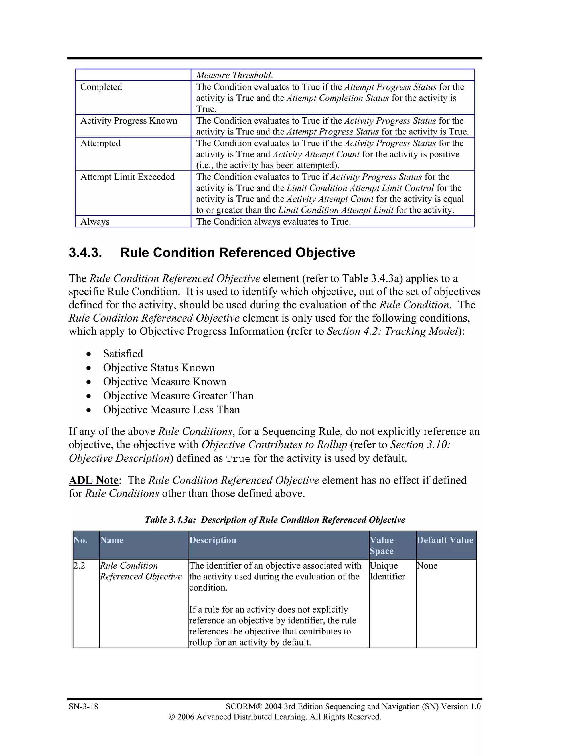 Measure Threshold.
  Completed                        The Condition evaluates to True if the Attempt Progress Status for the
                                   activity is True and the Attempt Completion Status for the activity is
                                   True.
  Activity Progress Known          The Condition evaluates to True if the Activity Progress Status for the
                                   activity is True and the Attempt Progress Status for the activity is True.
  Attempted                        The Condition evaluates to True if the Activity Progress Status for the
                                   activity is True and Activity Attempt Count for the activity is positive
                                   (i.e., the activity has been attempted).
  Attempt Limit Exceeded           The Condition evaluates to True if Activity Progress Status for the
                                   activity is True and the Limit Condition Attempt Limit Control for the
                                   activity is True and the Activity Attempt Count for the activity is equal
                                   to or greater than the Limit Condition Attempt Limit for the activity.
  Always                           The Condition always evaluates to True.


3.4.3.          Rule Condition Referenced Objective
The Rule Condition Referenced Objective element (refer to Table 3.4.3a) applies to a
specific Rule Condition. It is used to identify which objective, out of the set of objectives
defined for the activity, should be used during the evaluation of the Rule Condition. The
Rule Condition Referenced Objective element is only used for the following conditions,
which apply to Objective Progress Information (refer to Section 4.2: Tracking Model):
       •   Satisfied
       •   Objective Status Known
       •   Objective Measure Known
       •   Objective Measure Greater Than
       •   Objective Measure Less Than
If any of the above Rule Conditions, for a Sequencing Rule, do not explicitly reference an
objective, the objective with Objective Contributes to Rollup (refer to Section 3.10:
Objective Description) defined as True for the activity is used by default.
ADL Note: The Rule Condition Referenced Objective element has no effect if defined
for Rule Conditions other than those defined above.

                      Table 3.4.3a: Description of Rule Condition Referenced Objective

 No.       Name                  Description                                      Value       Default Value
                                                                                  Space
 2.2       Rule Condition       The identifier of an objective associated with Unique         None
           Referenced Objective the activity used during the evaluation of the Identifier
                                condition.

                                 If a rule for an activity does not explicitly
                                 reference an objective by identifier, the rule
                                 references the objective that contributes to
                                 rollup for an activity by default.




SN-3-18                                   SCORM® 2004 3rd Edition Sequencing and Navigation (SN) Version 1.0
                            © 2006 Advanced Distributed Learning. All Rights Reserved.
 
