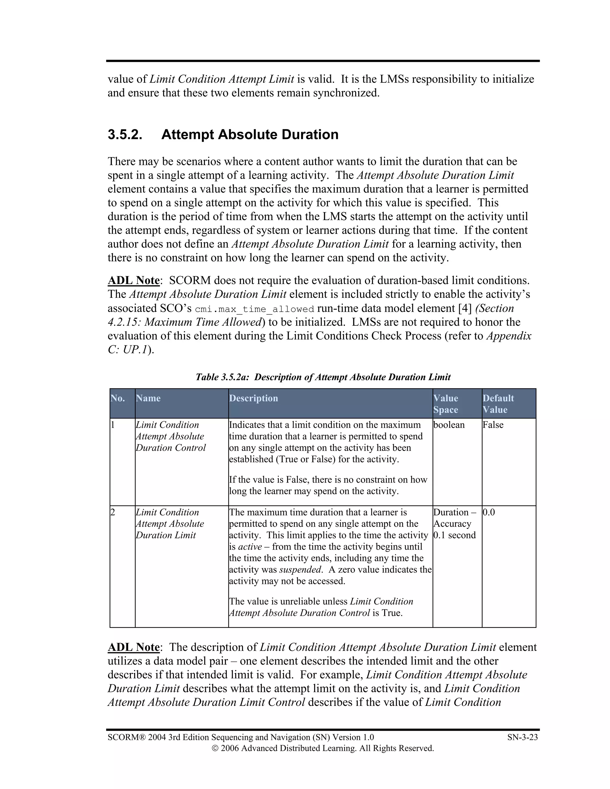 value of Limit Condition Attempt Limit is valid. It is the LMSs responsibility to initialize
and ensure that these two elements remain synchronized.


3.5.2.        Attempt Absolute Duration
There may be scenarios where a content author wants to limit the duration that can be
spent in a single attempt of a learning activity. The Attempt Absolute Duration Limit
element contains a value that specifies the maximum duration that a learner is permitted
to spend on a single attempt on the activity for which this value is specified. This
duration is the period of time from when the LMS starts the attempt on the activity until
the attempt ends, regardless of system or learner actions during that time. If the content
author does not define an Attempt Absolute Duration Limit for a learning activity, then
there is no constraint on how long the learner can spend on the activity.
ADL Note: SCORM does not require the evaluation of duration-based limit conditions.
The Attempt Absolute Duration Limit element is included strictly to enable the activity’s
associated SCO’s cmi.max_time_allowed run-time data model element [4] (Section
4.2.15: Maximum Time Allowed) to be initialized. LMSs are not required to honor the
evaluation of this element during the Limit Conditions Check Process (refer to Appendix
C: UP.1).

                      Table 3.5.2a: Description of Attempt Absolute Duration Limit

No.    Name                   Description                                            Value     Default
                                                                                     Space     Value
1      Limit Condition        Indicates that a limit condition on the maximum        boolean   False
       Attempt Absolute       time duration that a learner is permitted to spend
       Duration Control       on any single attempt on the activity has been
                              established (True or False) for the activity.

                              If the value is False, there is no constraint on how
                              long the learner may spend on the activity.

2      Limit Condition        The maximum time duration that a learner is           Duration – 0.0
       Attempt Absolute       permitted to spend on any single attempt on the Accuracy
       Duration Limit         activity. This limit applies to the time the activity 0.1 second
                              is active – from the time the activity begins until
                              the time the activity ends, including any time the
                              activity was suspended. A zero value indicates the
                              activity may not be accessed.

                              The value is unreliable unless Limit Condition
                              Attempt Absolute Duration Control is True.


ADL Note: The description of Limit Condition Attempt Absolute Duration Limit element
utilizes a data model pair – one element describes the intended limit and the other
describes if that intended limit is valid. For example, Limit Condition Attempt Absolute
Duration Limit describes what the attempt limit on the activity is, and Limit Condition
Attempt Absolute Duration Limit Control describes if the value of Limit Condition

SCORM® 2004 3rd Edition Sequencing and Navigation (SN) Version 1.0                                     SN-3-23
                        © 2006 Advanced Distributed Learning. All Rights Reserved.
 