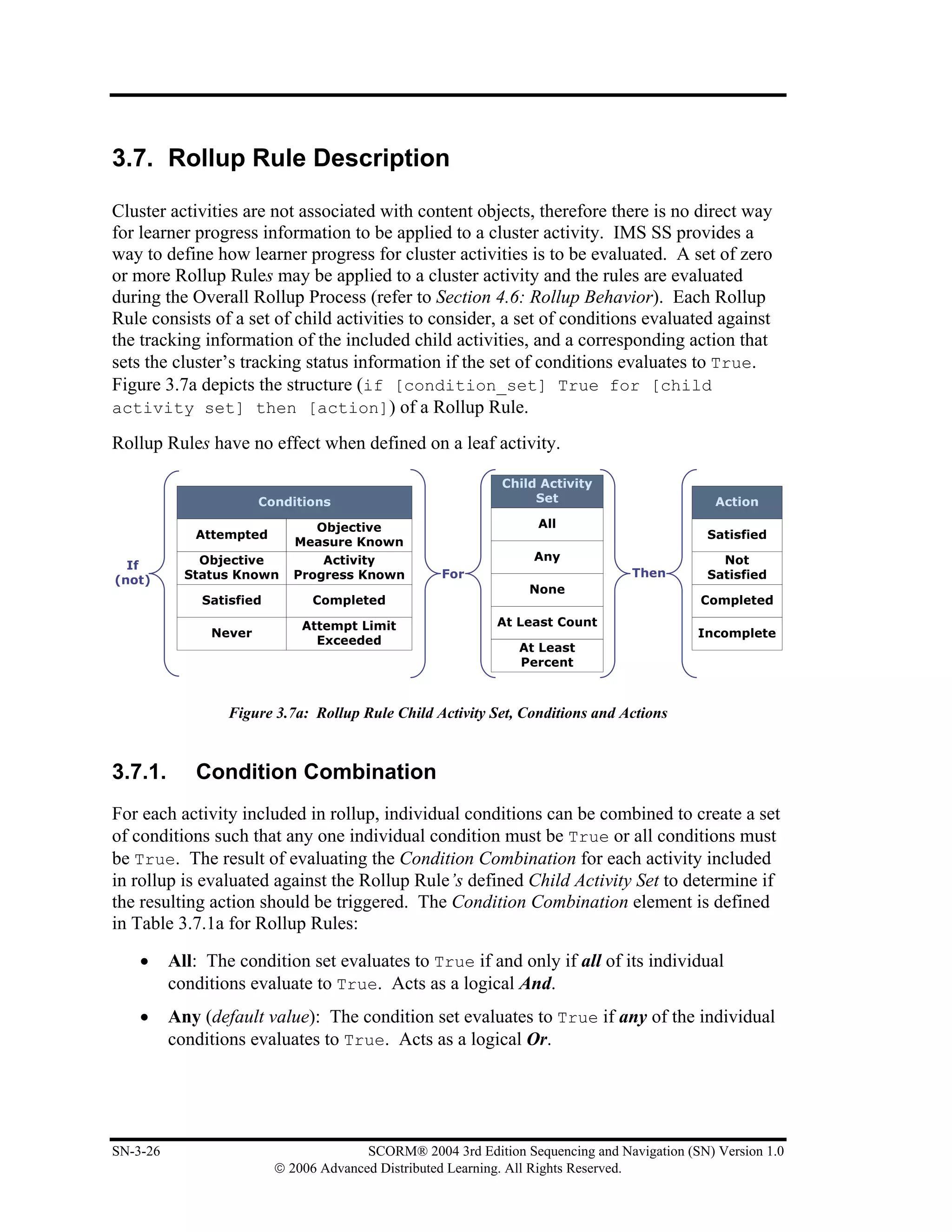 3.7. Rollup Rule Description

Cluster activities are not associated with content objects, therefore there is no direct way
for learner progress information to be applied to a cluster activity. IMS SS provides a
way to define how learner progress for cluster activities is to be evaluated. A set of zero
or more Rollup Rules may be applied to a cluster activity and the rules are evaluated
during the Overall Rollup Process (refer to Section 4.6: Rollup Behavior). Each Rollup
Rule consists of a set of child activities to consider, a set of conditions evaluated against
the tracking information of the included child activities, and a corresponding action that
sets the cluster’s tracking status information if the set of conditions evaluates to True.
Figure 3.7a depicts the structure (if [condition_set] True for [child
activity set] then [action]) of a Rollup Rule.

Rollup Rules have no effect when defined on a leaf activity.




                  Figure 3.7a: Rollup Rule Child Activity Set, Conditions and Actions


3.7.1.       Condition Combination
For each activity included in rollup, individual conditions can be combined to create a set
of conditions such that any one individual condition must be True or all conditions must
be True. The result of evaluating the Condition Combination for each activity included
in rollup is evaluated against the Rollup Rule’s defined Child Activity Set to determine if
the resulting action should be triggered. The Condition Combination element is defined
in Table 3.7.1a for Rollup Rules:

    •     All: The condition set evaluates to True if and only if all of its individual
          conditions evaluate to True. Acts as a logical And.
    •     Any (default value): The condition set evaluates to True if any of the individual
          conditions evaluates to True. Acts as a logical Or.




SN-3-26                               SCORM® 2004 3rd Edition Sequencing and Navigation (SN) Version 1.0
                        © 2006 Advanced Distributed Learning. All Rights Reserved.
 