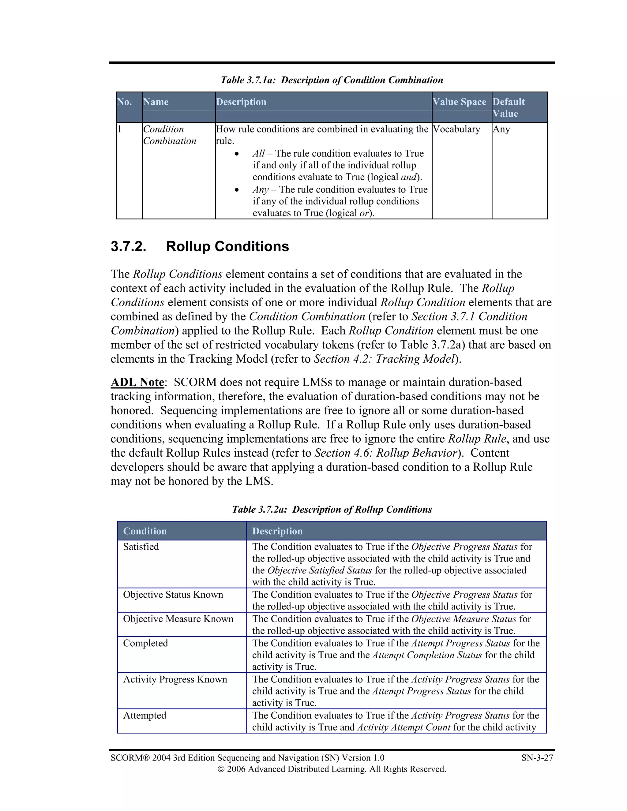 Table 3.7.1a: Description of Condition Combination

 No.     Name            Description                                            Value Space Default
                                                                                            Value
 1       Condition       How rule conditions are combined in evaluating the Vocabulary         Any
         Combination     rule.
                              • All – The rule condition evaluates to True
                                 if and only if all of the individual rollup
                                 conditions evaluate to True (logical and).
                              • Any – The rule condition evaluates to True
                                 if any of the individual rollup conditions
                                 evaluates to True (logical or).


3.7.2.           Rollup Conditions
The Rollup Conditions element contains a set of conditions that are evaluated in the
context of each activity included in the evaluation of the Rollup Rule. The Rollup
Conditions element consists of one or more individual Rollup Condition elements that are
combined as defined by the Condition Combination (refer to Section 3.7.1 Condition
Combination) applied to the Rollup Rule. Each Rollup Condition element must be one
member of the set of restricted vocabulary tokens (refer to Table 3.7.2a) that are based on
elements in the Tracking Model (refer to Section 4.2: Tracking Model).
ADL Note: SCORM does not require LMSs to manage or maintain duration-based
tracking information, therefore, the evaluation of duration-based conditions may not be
honored. Sequencing implementations are free to ignore all or some duration-based
conditions when evaluating a Rollup Rule. If a Rollup Rule only uses duration-based
conditions, sequencing implementations are free to ignore the entire Rollup Rule, and use
the default Rollup Rules instead (refer to Section 4.6: Rollup Behavior). Content
developers should be aware that applying a duration-based condition to a Rollup Rule
may not be honored by the LMS.

                               Table 3.7.2a: Description of Rollup Conditions

     Condition                     Description
     Satisfied                     The Condition evaluates to True if the Objective Progress Status for
                                   the rolled-up objective associated with the child activity is True and
                                   the Objective Satisfied Status for the rolled-up objective associated
                                   with the child activity is True.
     Objective Status Known        The Condition evaluates to True if the Objective Progress Status for
                                   the rolled-up objective associated with the child activity is True.
     Objective Measure Known       The Condition evaluates to True if the Objective Measure Status for
                                   the rolled-up objective associated with the child activity is True.
     Completed                     The Condition evaluates to True if the Attempt Progress Status for the
                                   child activity is True and the Attempt Completion Status for the child
                                   activity is True.
     Activity Progress Known       The Condition evaluates to True if the Activity Progress Status for the
                                   child activity is True and the Attempt Progress Status for the child
                                   activity is True.
     Attempted                     The Condition evaluates to True if the Activity Progress Status for the
                                   child activity is True and Activity Attempt Count for the child activity

SCORM® 2004 3rd Edition Sequencing and Navigation (SN) Version 1.0                                    SN-3-27
                        © 2006 Advanced Distributed Learning. All Rights Reserved.
 